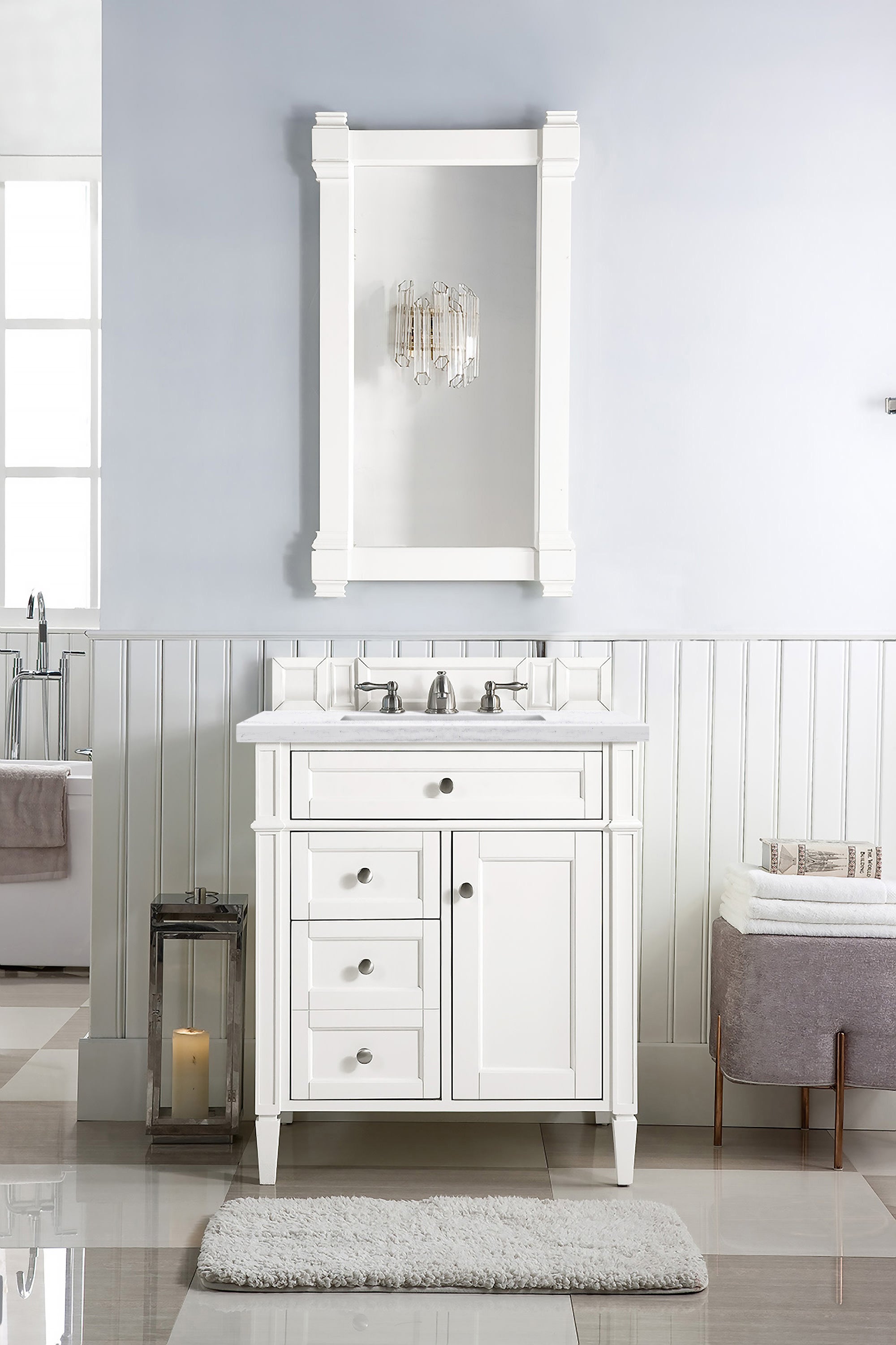 Brittany 30-Inch Single Bathroom Vanity with Arctic Fall Solid Surface Top - Bright White Finish | Perfect for Small Bathrooms & Powder Rooms