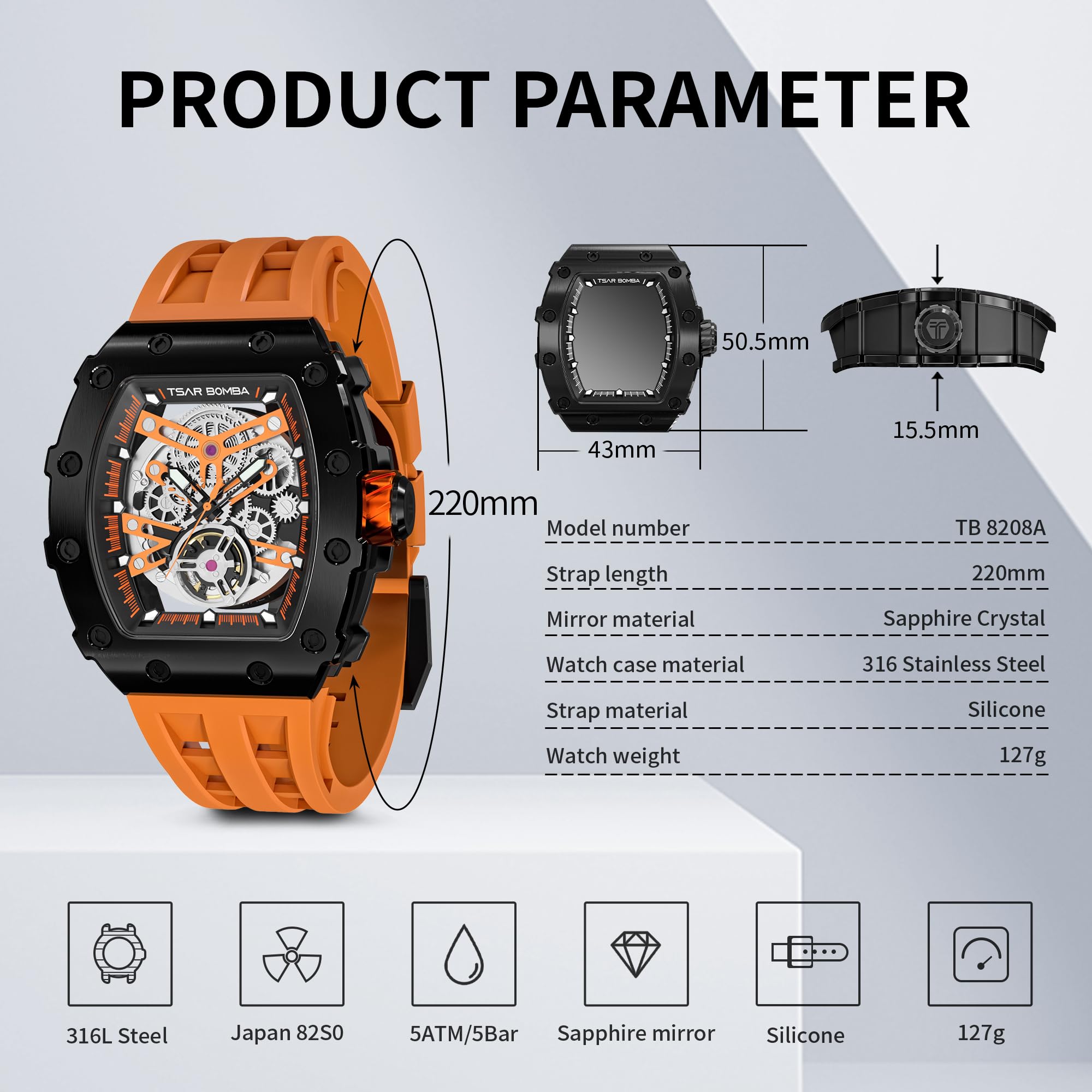 Premium Automatic Men's Watch - Square Skeleton Tonneau Design with Japanese Movement, 50M Waterproof, Sapphire Crystal Glass - Silicone/FKM Rubber Strap - Luxury Gift for Him (Perfect for Business, Formal Events & Everyday Wear)