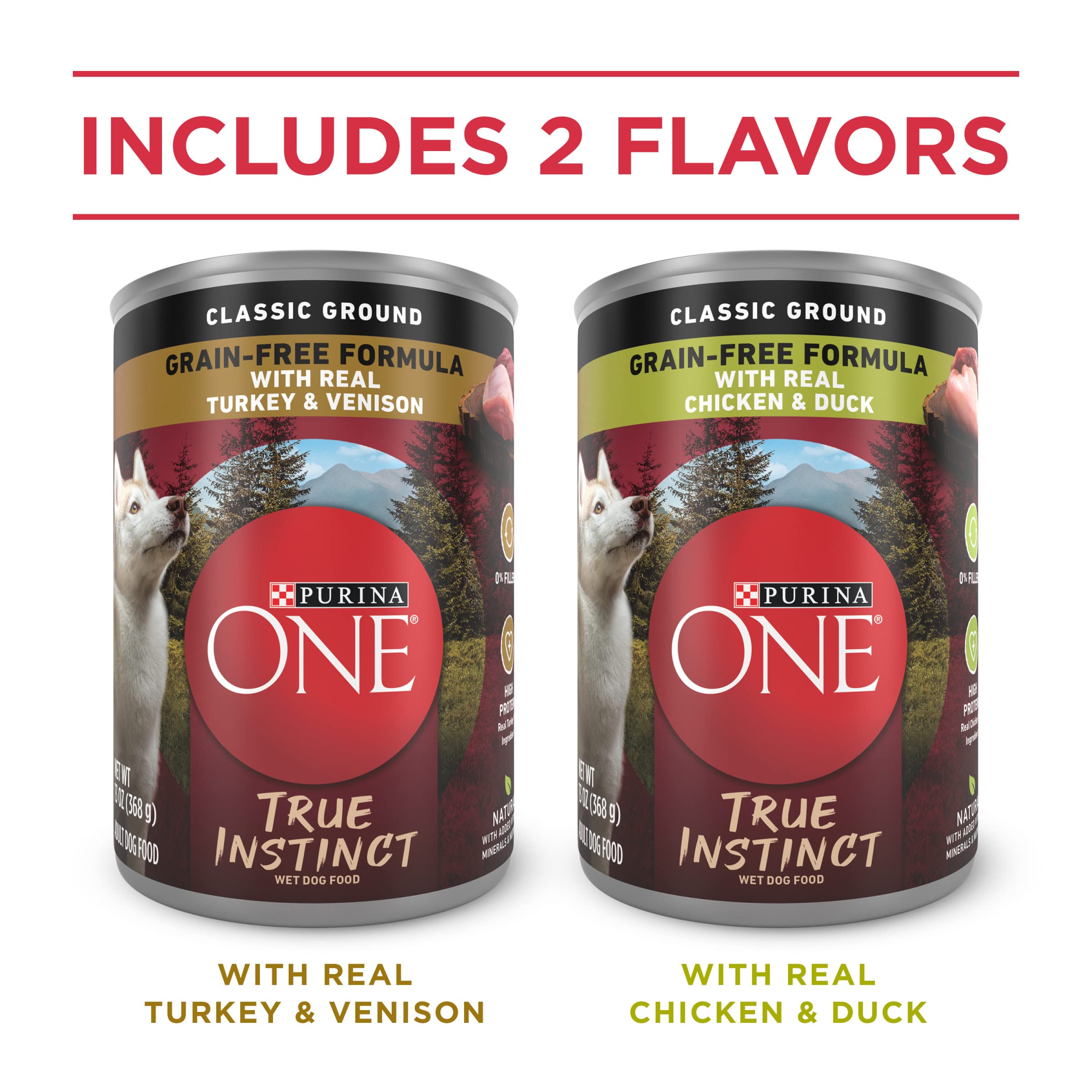 Purina ONE True Instinct Grain-Free Wet Dog Food Variety Pack - High Protein with Real Turkey, Venison, Chicken & Duck (6 Pack, 13 oz Cans) | Premium Nutrition for Active Dogs & Puppies | Perfect for Training Rewards, Meal Toppers & Outdoor Adventures
