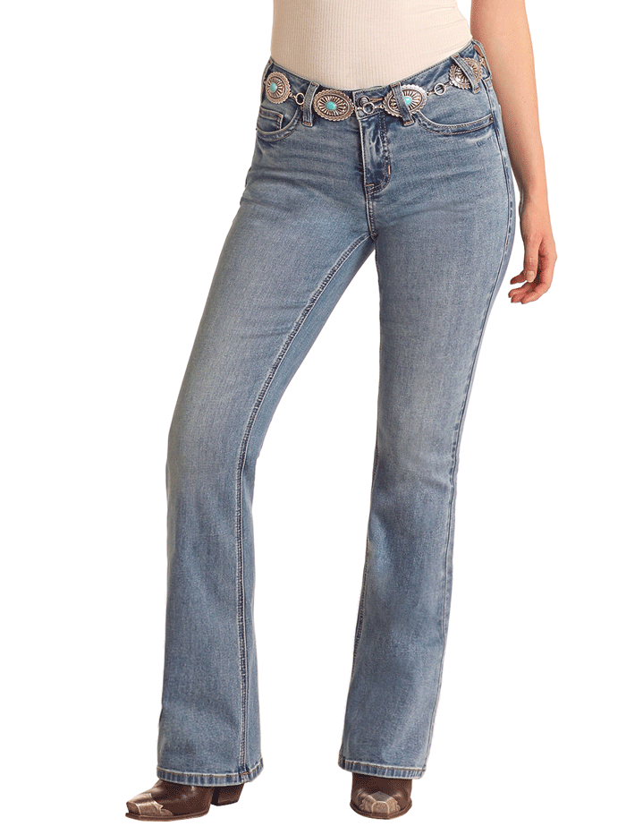 Rock & Roll Denim BW4MD06031 Women's Boot Stitch Mid Rise Bootcut Jeans - Medium Wash Denim Pants for Casual Wear & Night Out