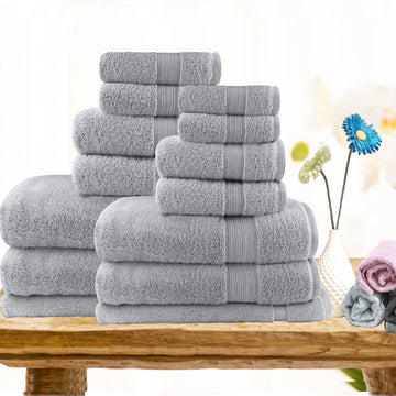 14-Piece Lightweight Soft Cotton Bath Towel Set - Silver | Ultra Absorbent & Quick-Drying for Spa, Beach, Gym & Home Use
