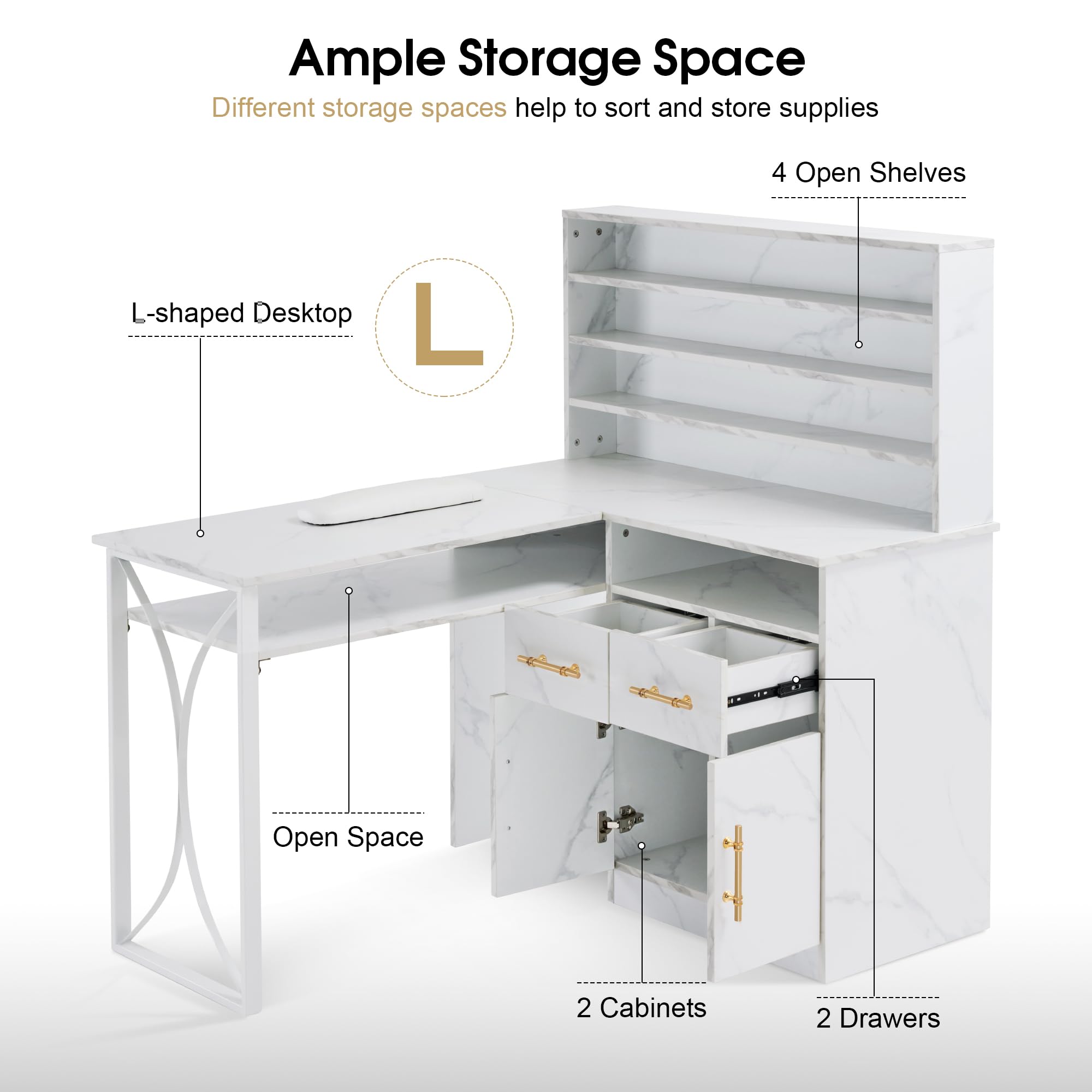 Professional L-Shaped Nail Salon Desk with Storage Drawers & Cabinets - White Manicure Workstation for Efficient Organization | Perfect for Home & Salon Use
