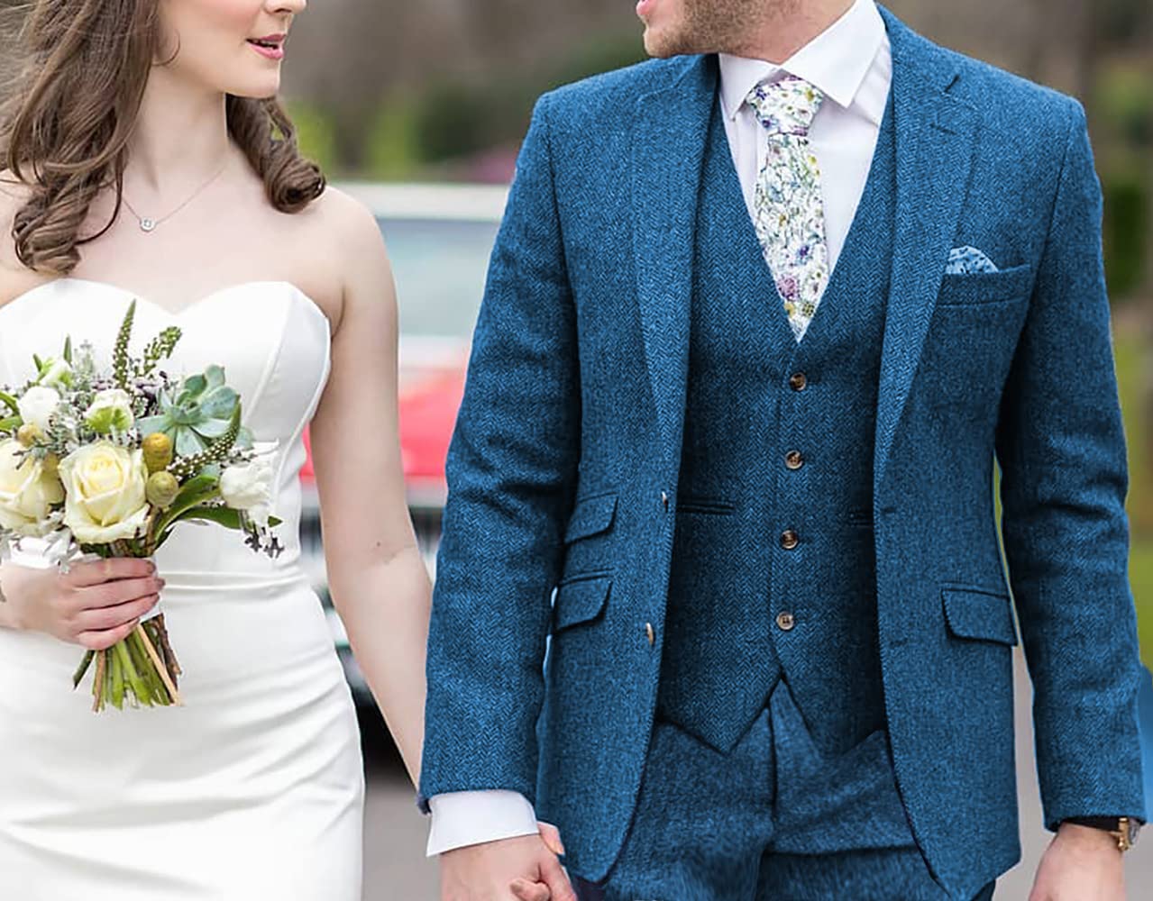 MoranX Men's 3-Piece Herringbone Tweed Wool Suit Set - Formal Business Blazer, Vest & Pants for Wedding, Office & Special Occasions | Regular Fit Tuxedo Style