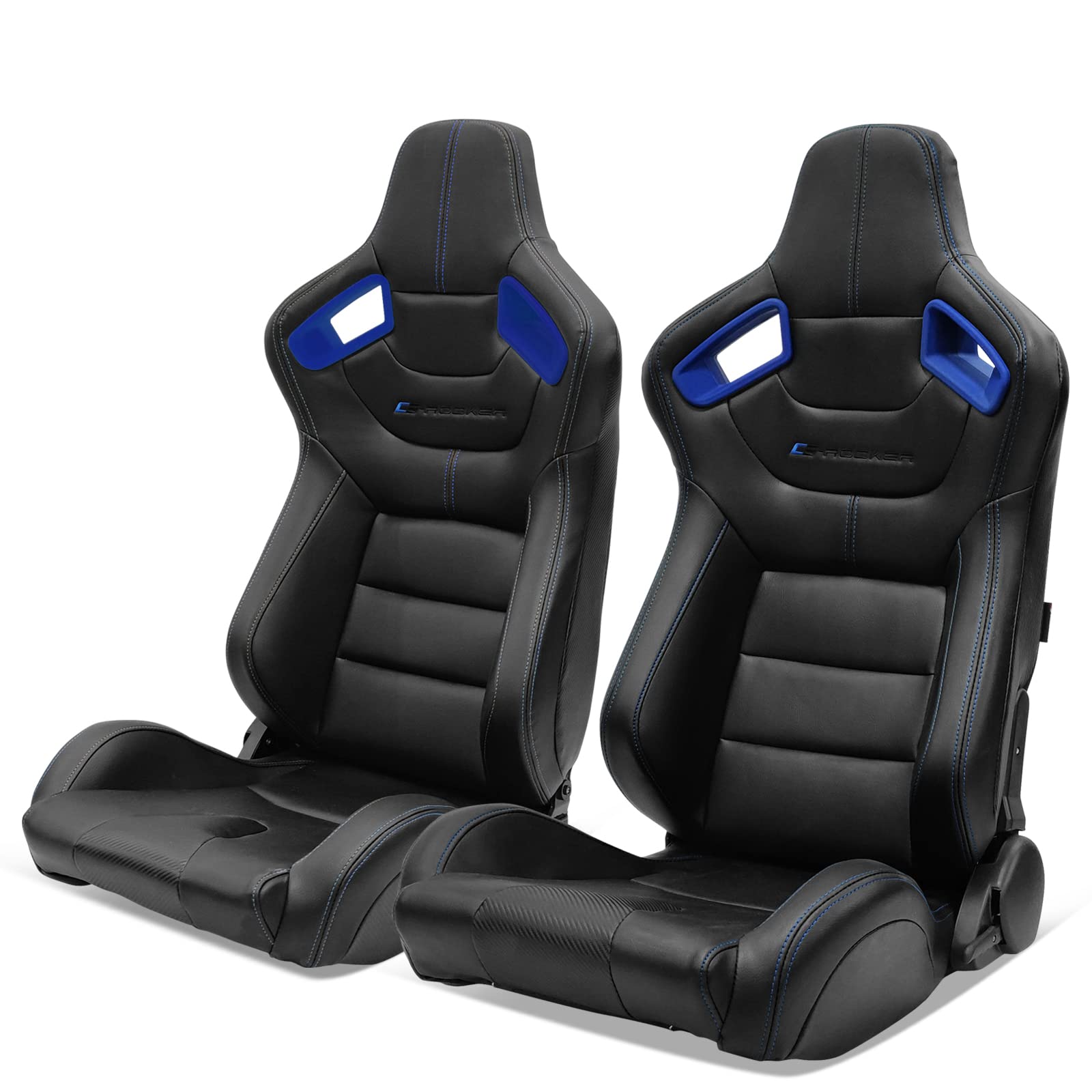 IKON MOTORSPORTS Universal Racing Seats Pair - Black with Blue Stitch & Bezel, PU Carbon Leather Reclinable Bucket Seats with Dual Sliders (Left & Right) - Perfect for Sports Cars, Drifting, Track Racing & Automotive Enthusiasts