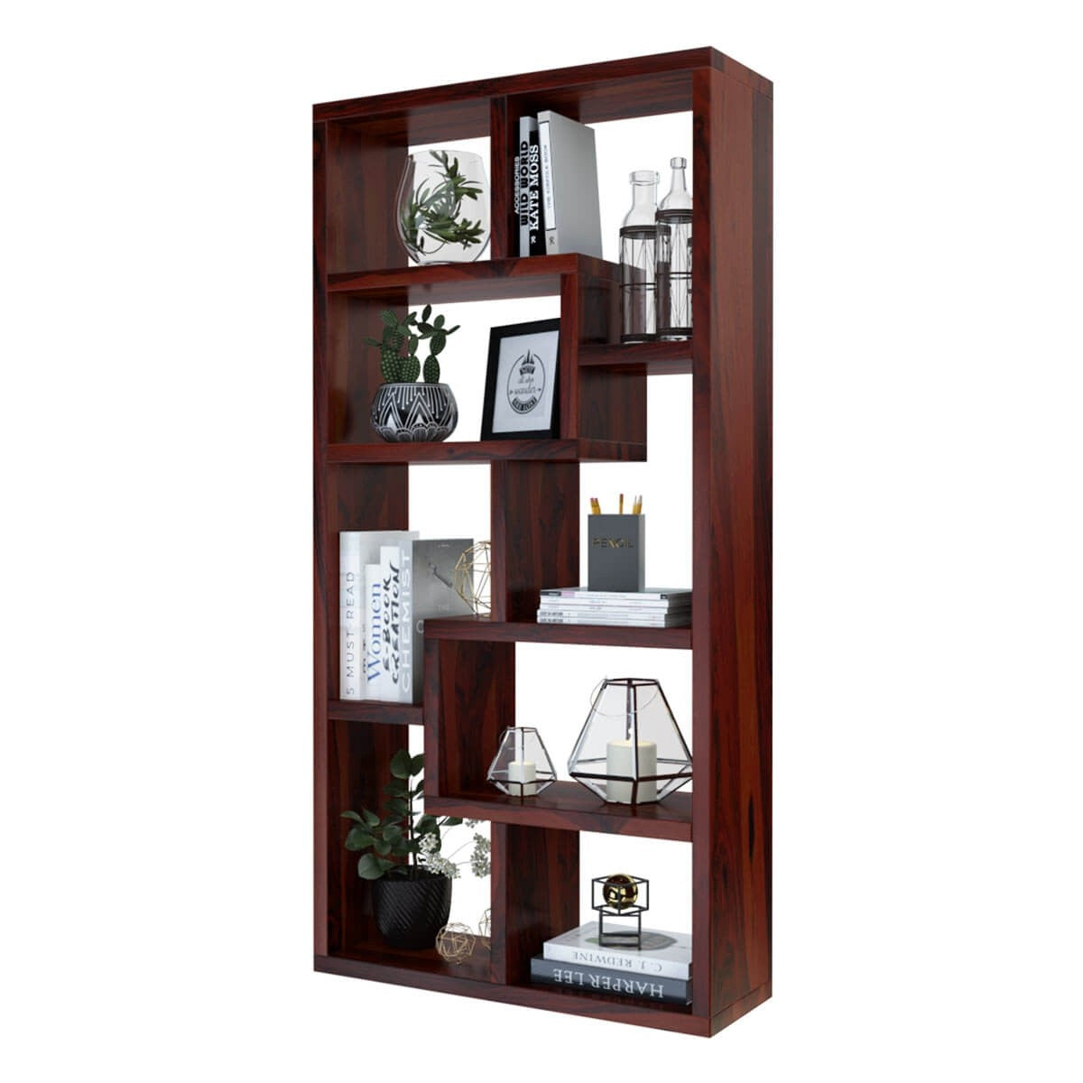 Gadsden Contemporary 8-Tier Open Shelf Solid Wood Geometric Bookcase - Stylish Storage for Books, Decor & Display in Living Room, Office or Study