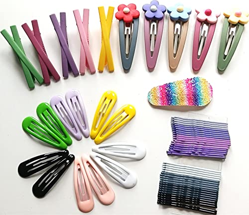 41 Colorful Hair Pins for Women & Girls - Cross Hair Clips, Candy Color Bobby Pins & Flower Snap Clips - Rainbow Hair Accessories for School, Parties & Everyday Styling (Multicolor)