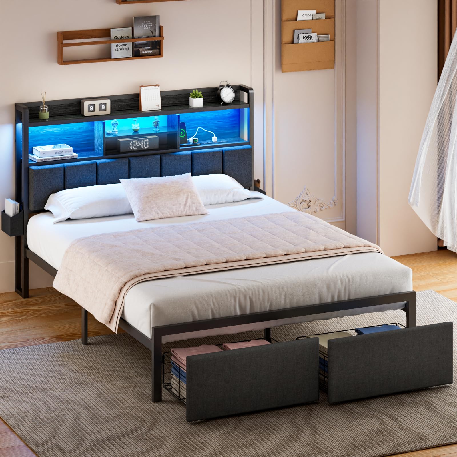 Furnulem Queen Size Bed Frame with Storage Drawers & Upholstered Headboard - LED Lights, USB Charging Station, Noise-Free Metal Platform Bed - No Box Spring Needed (Black) | Perfect for Small Bedrooms, Guest Rooms & Modern Apartments