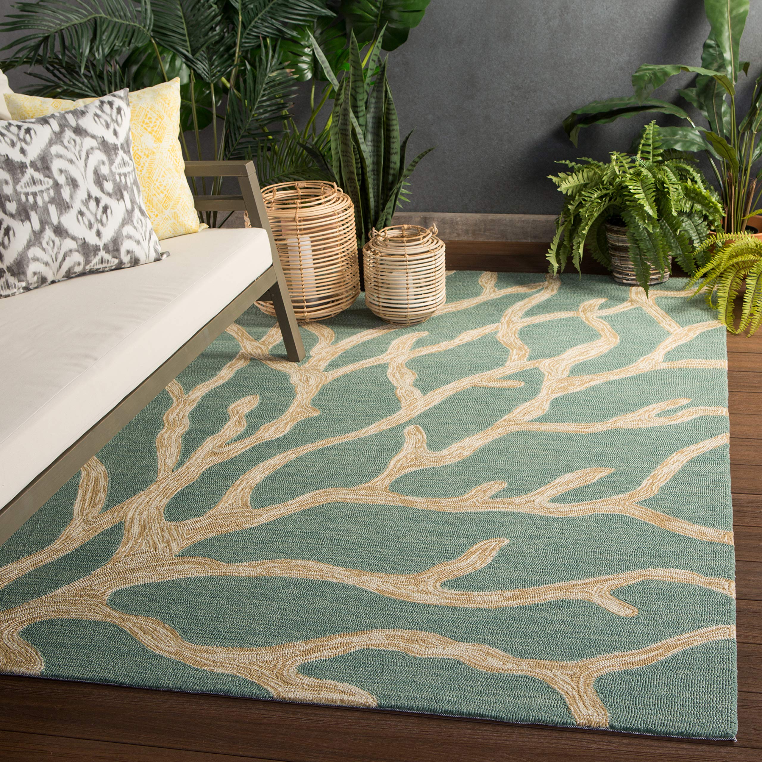 Jaipur Living Outdoor 2x8 Runner Rug - Abstract Teal and Tan Patio Rug for Deck, Porch, or Balcony | Water-Resistant & Durable