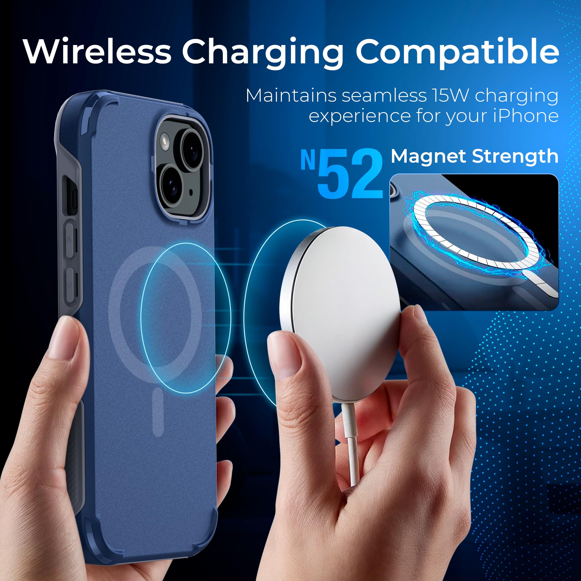 Shockproof Hybrid Rugged Protective Case for iPhone 15/14 - MagSafe Compatible, Heavy-Duty Drop Protection, Non-Slip Grip, Magnetic Phone Cover (Dark Blue) | Perfect for Outdoor Activities, Work & Daily Use