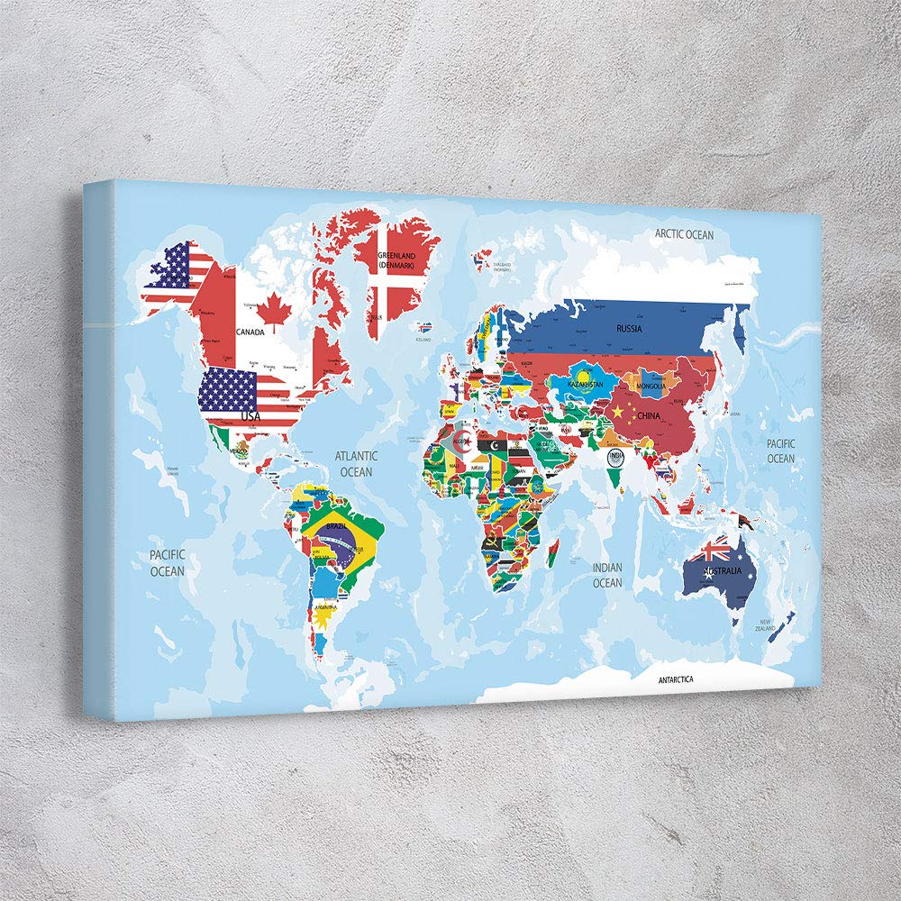World Travel Map Canvas Wall Art - 45x30in Gallery Wrapped Country Flags World Map Print - Ready to Hang Home Office Decor - Made in USA | Perfect for Living Room, Bedroom & Travel Enthusiast Gifts