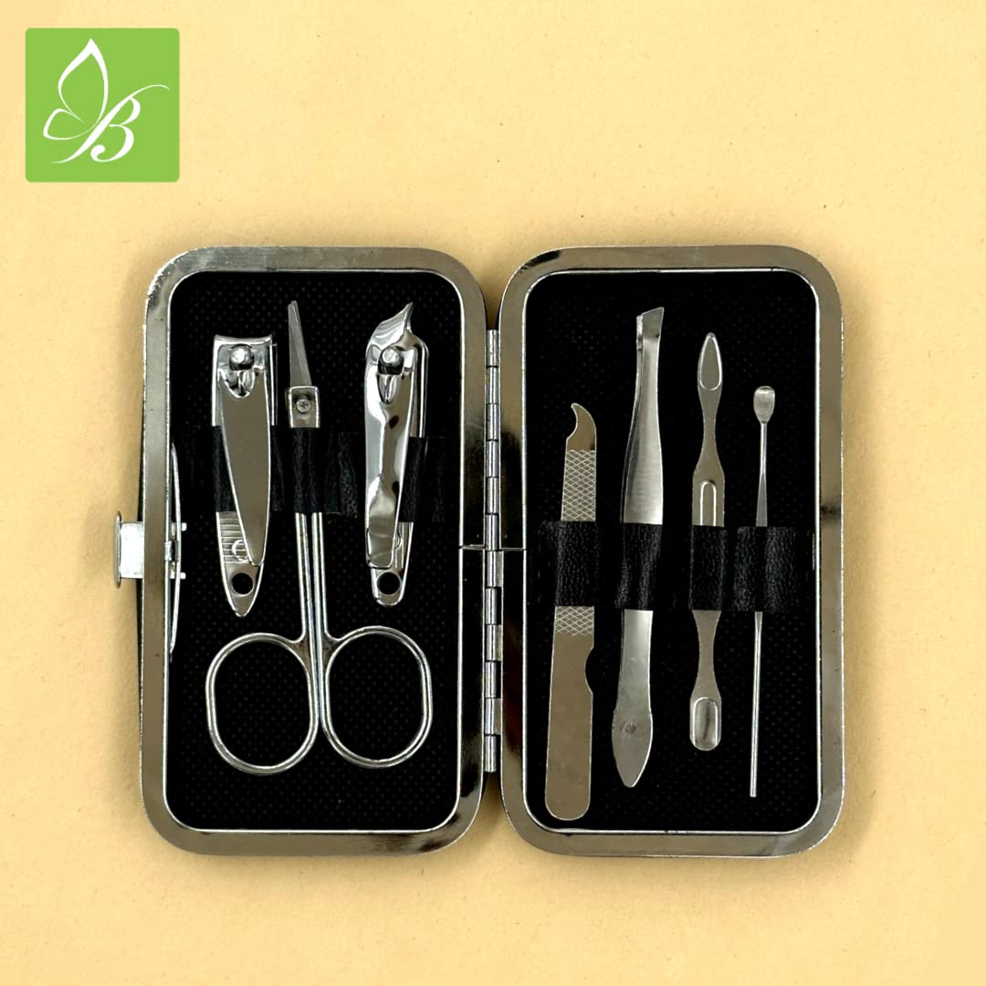 Beautify 7-in-1 Stainless Steel Manicure & Pedicure Set - Portable Travel Nail Clippers Kit with Nail Cutter, Tweezers & Tools (Printed Black) - Perfect for Home, Salon, Travel & Grooming Essentials