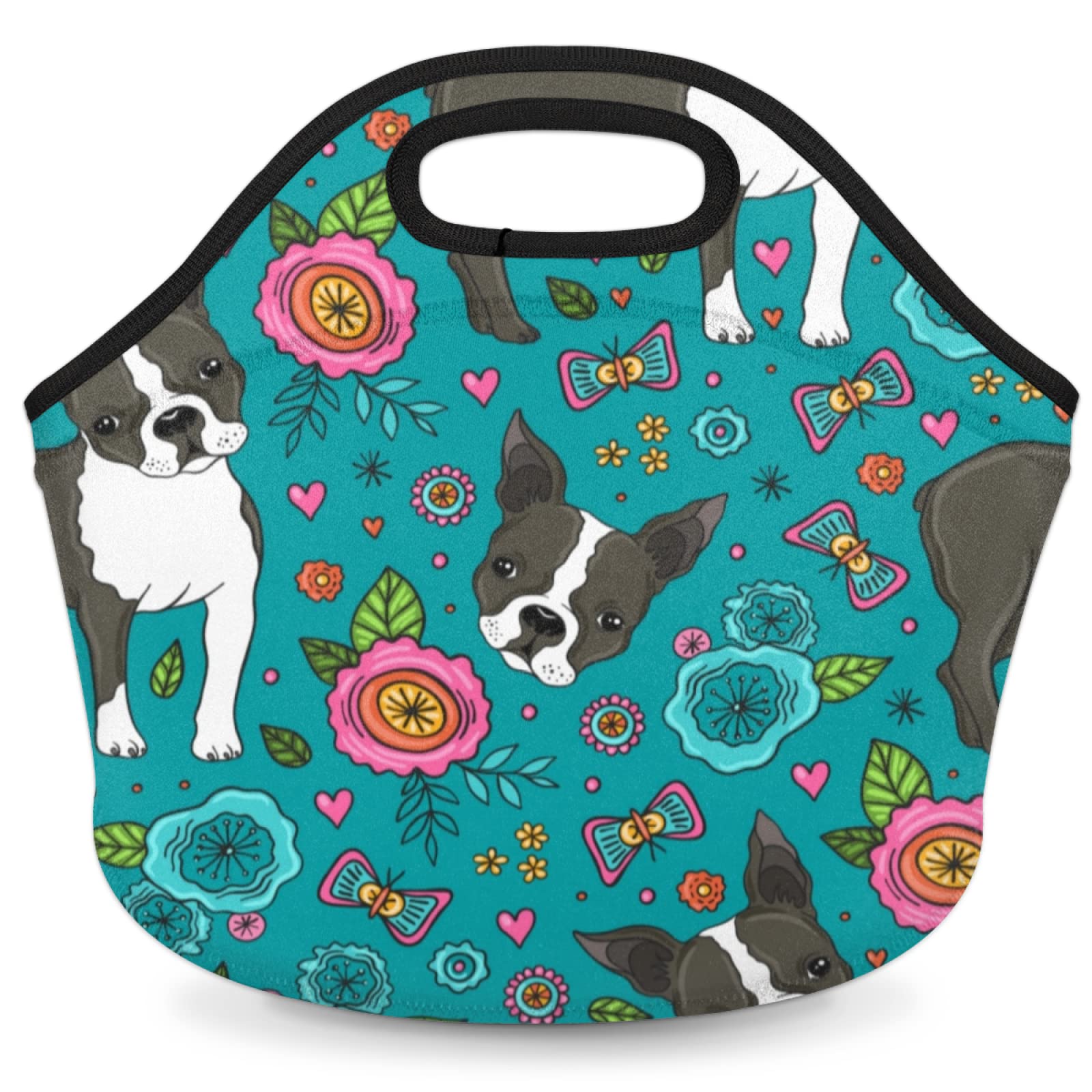 French Bulldog Neoprene Lunch Bag - Insulated Flower Butterfly Blue Lunch Box Tote for Women, Men & Kids | Perfect for School, Work, Picnics & Outdoor Activities