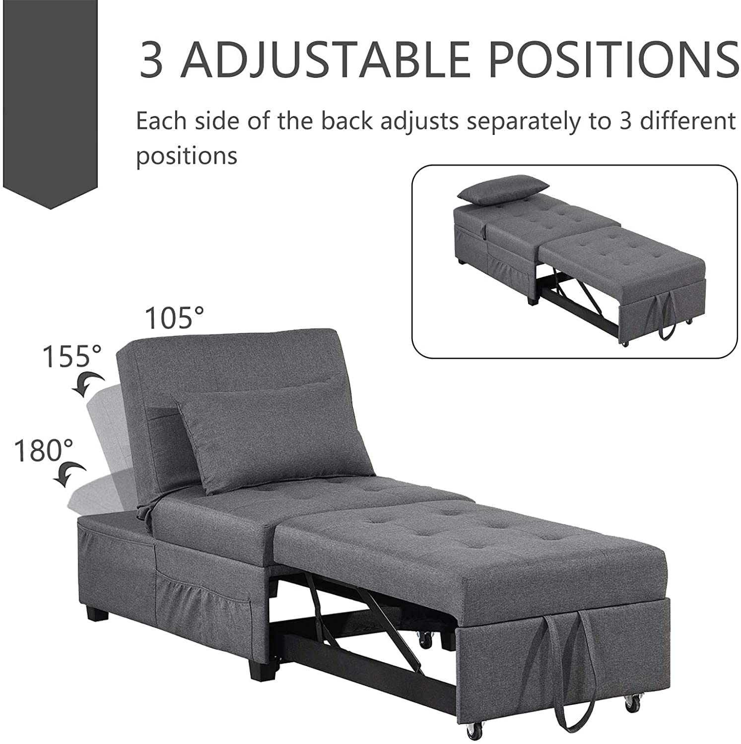 BINGTOO 4-in-1 Convertible Sleeper Sofa Chair Bed - Multi-Functional Folding Ottoman Pull Out Sleeper Couch for Living Room, Guest Room & Small Spaces - Modern Space-Saving Furniture for Apartments, Dorms & Home Offices