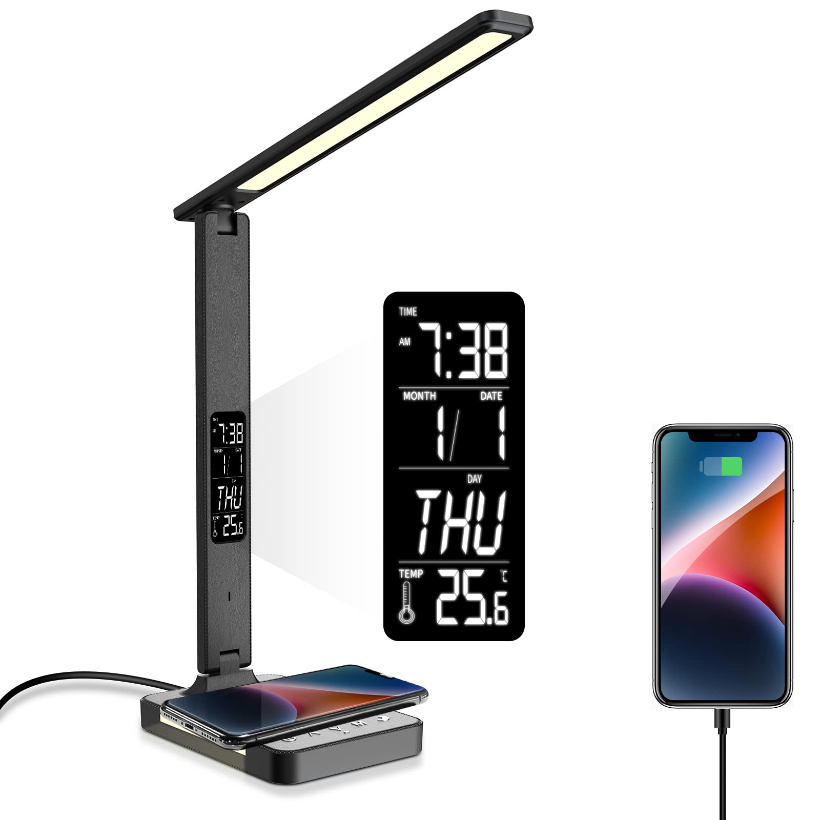 Poukaran LED Desk Lamp with Wireless Charger & USB Port - Adjustable Table Lamp with Night Light, Digital Clock, Alarm, Date & Temperature Display - Perfect for Home Office, Study Room & Bedside Use (Black)