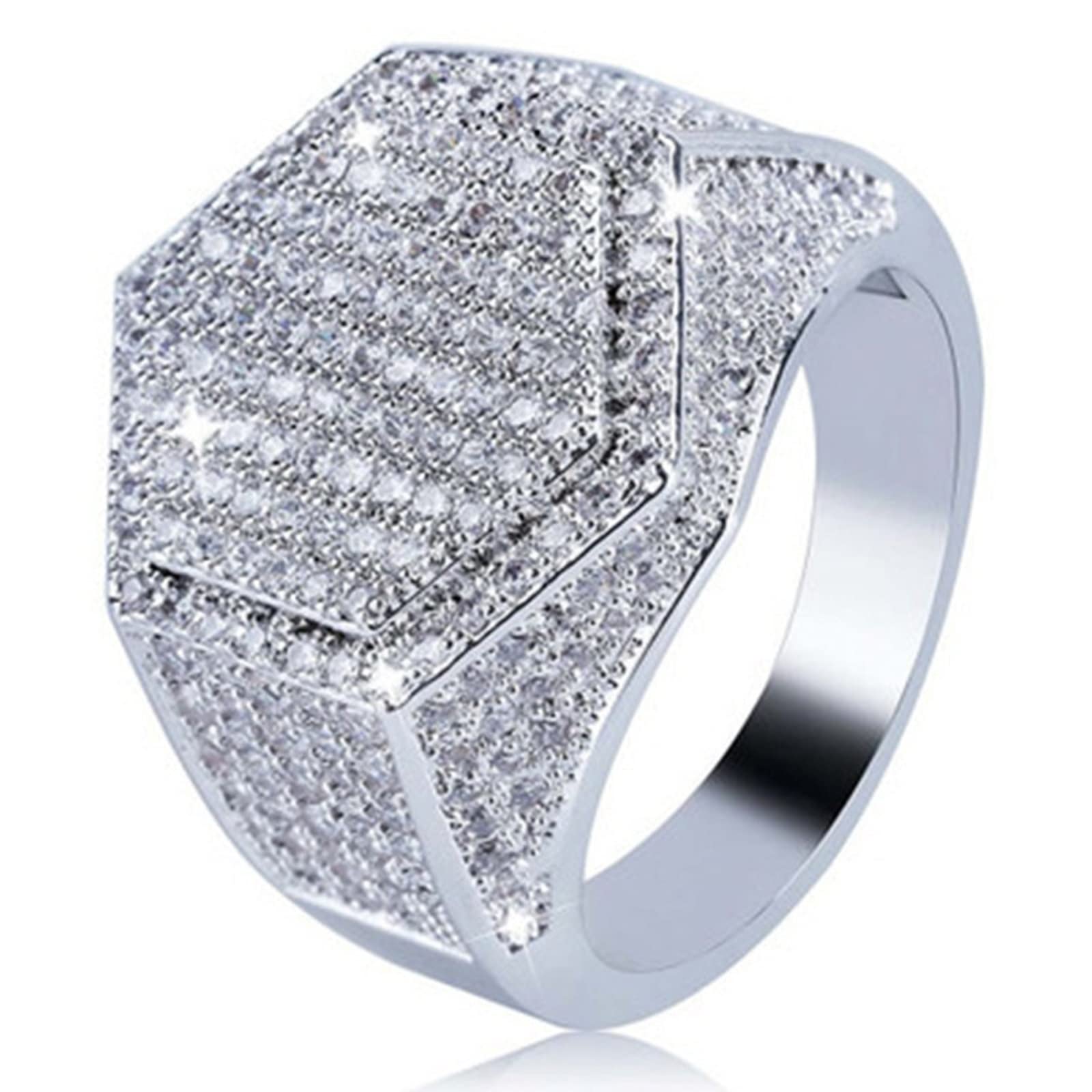 14K Gold Plated Hip Hop Ring for Men & Women - Iced Out CZ Diamond Eternity Band, Hexagon Wedding Engagement Bling Pinky Ring - Perfect for Gifts, Parties & Streetwear Fashion