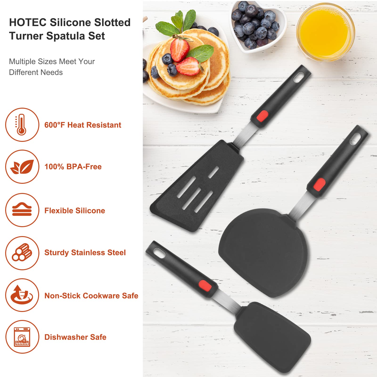 Premium Silicone Spatula Turner Set of 3 - 600°F Heat Resistant Non-Stick Cooking Utensils for Eggs, Burgers & Pancakes - Flexible Kitchen Tools for Baking, Flipping & Serving - Ideal for Nonstick Pans, Griddles & Everyday Cooking