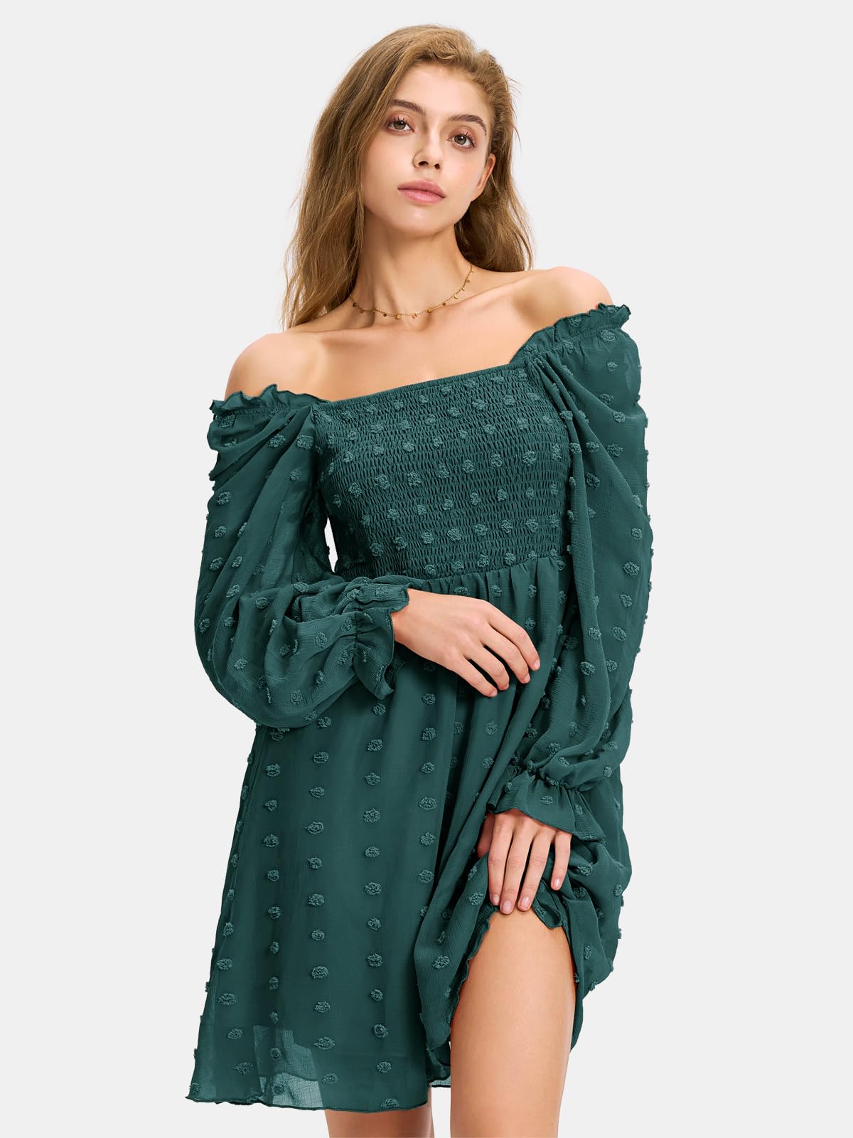 EXLURA Women's 2025 Summer Swiss Dot Smocked Mini Dress with Ruffles - Long Sleeve Cocktail Party Dress for Wedding Guest, Bridal Shower & Date Night Outfits