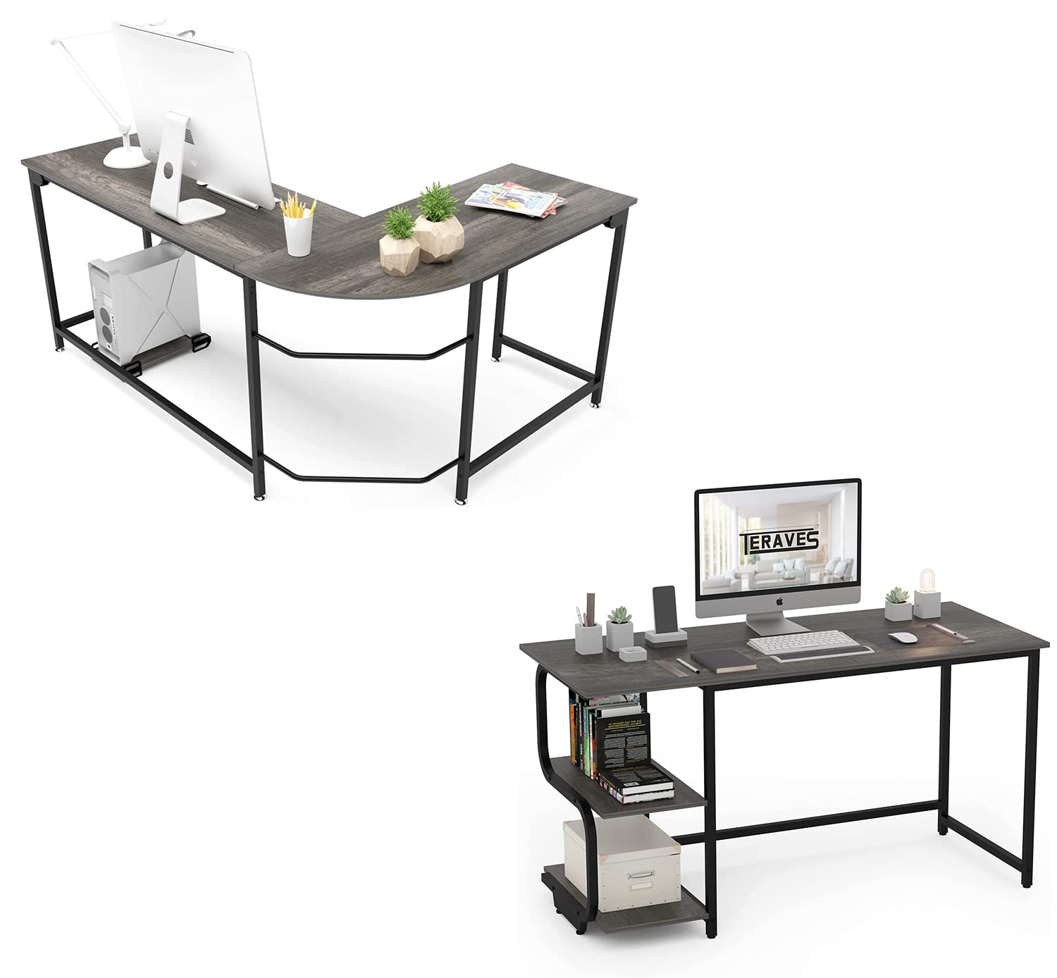Teraves Modern L-Shaped Corner Desk - Reversible Computer Gaming Desk with Shelves for Home Office & Gaming Setup | Space-Saving Workstation for Small Rooms