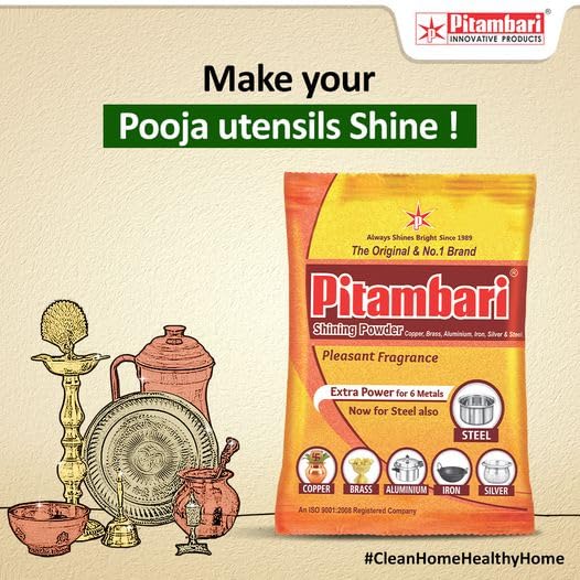 Pitambari Shining Powder for 6 Metals (Copper, Brass, Aluminum, Iron, Silver, Steel) - 4 Pack (50g Each) | Utensil Cleaning Soap for Puja & Dish Washing | Perfect for Religious Ceremonies & Kitchen Cleaning