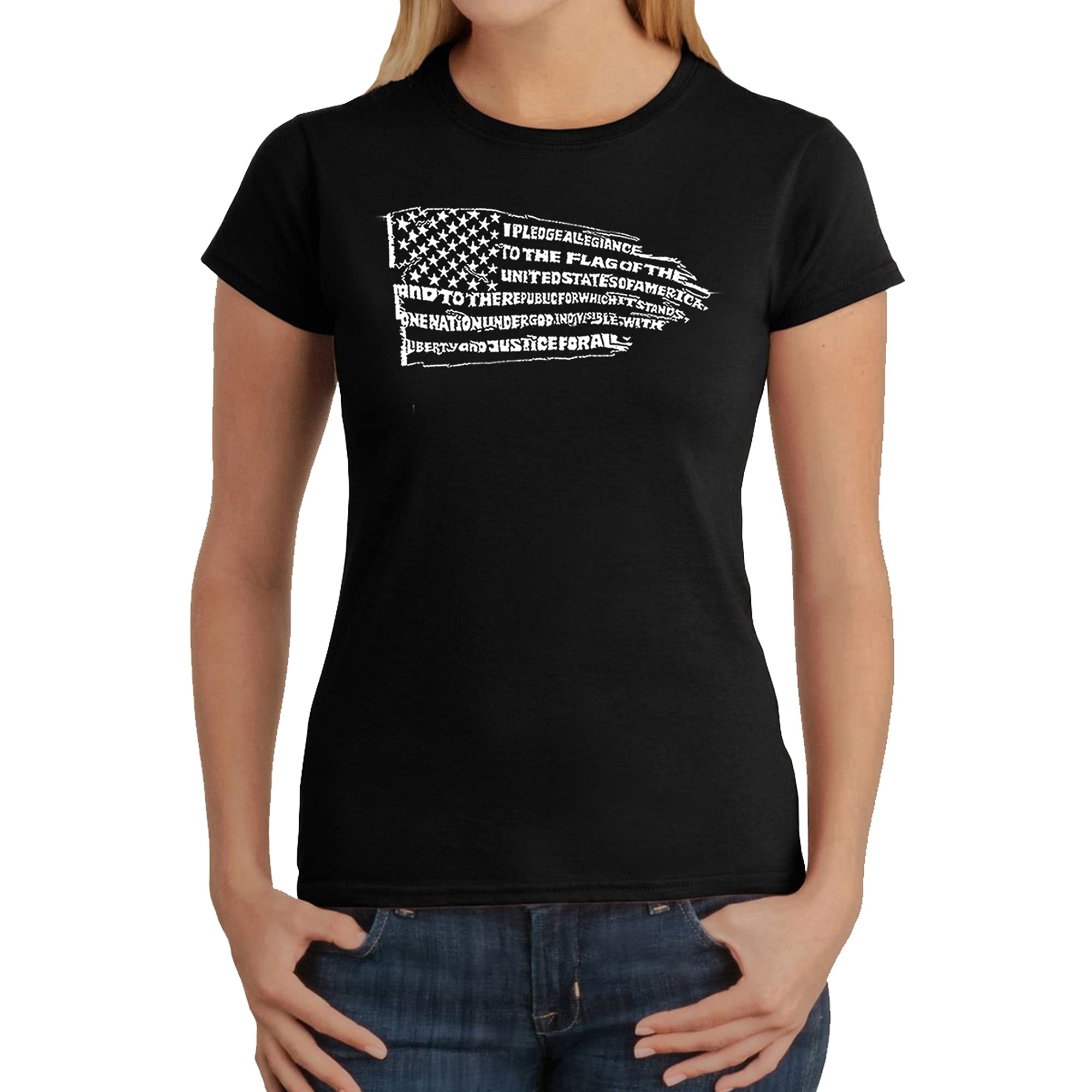 LA POP ART Women's Pledge of Allegiance Flag Word Art Graphic T-Shirt - Patriotic American Apparel for 4th of July, Veterans Day & Political Events