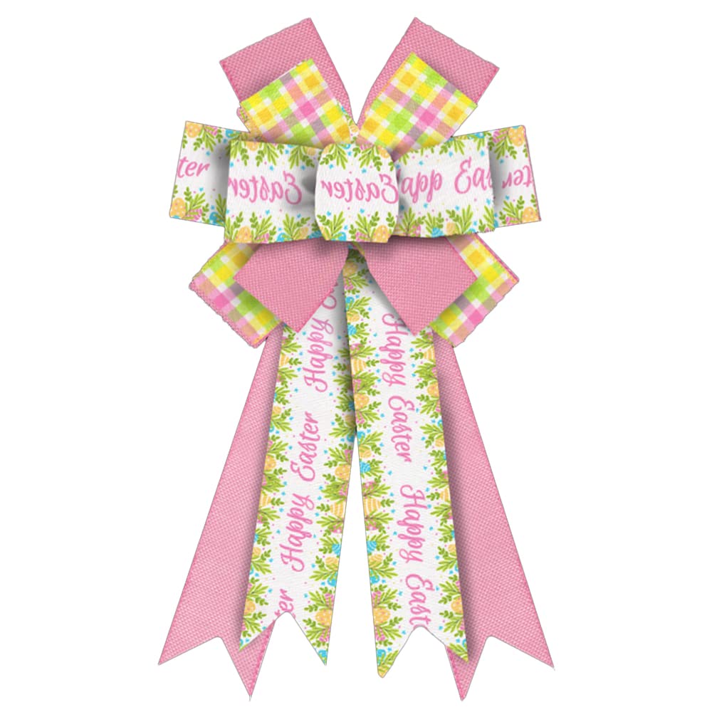 ABTOLS Large Easter Wreath Bow - Colorful Buffalo Plaid Spring Floral Decor for Front Door, Indoor & Outdoor Easter Decorations (Pink & Yellow) - Perfect for Easter Tree, Rabbit Decor, and Holiday Home Decoration