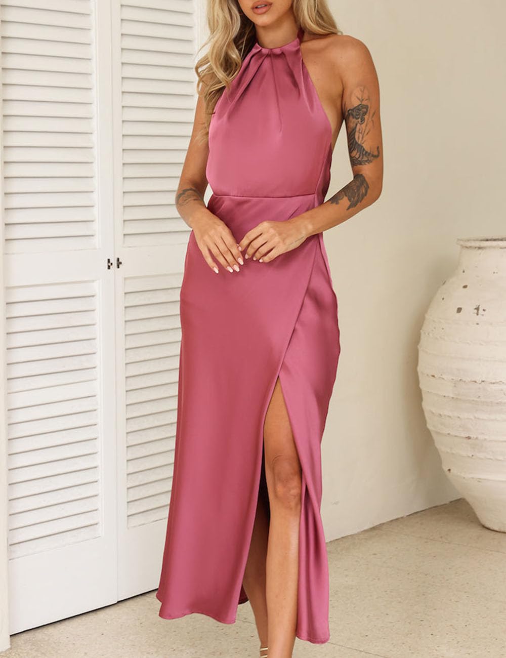2025 Summer Satin Halter Neck Backless Slit Midi Dress - Elegant Cowl Back Ruched Wedding Guest Maxi Dress for Women - Perfect for Beach Parties, Cocktail Events & Formal Occasions