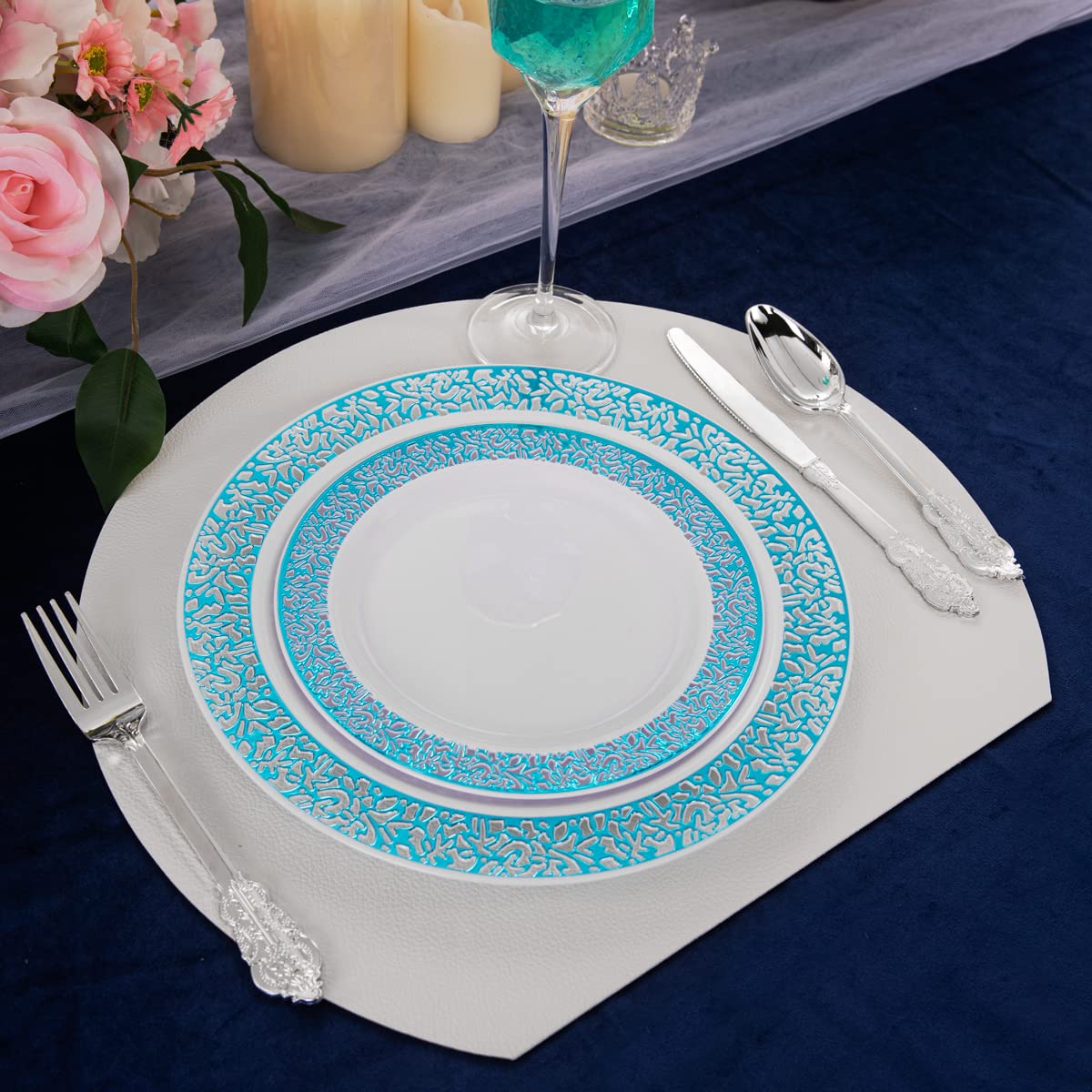 WELLIFE 180-Piece Blue Plastic Dinnerware Set - 30 Dinner Plates, 30 Dessert Plates, 30 Cups & 30 Cutlery Sets for Parties, Picnics, BBQs & Outdoor Events - Durable Disposable Tableware for Birthdays, Weddings & Family Gatherings