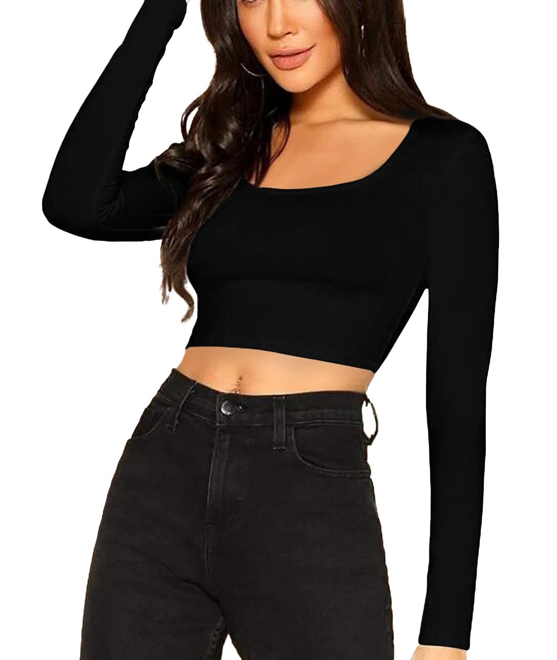 Women's Soft Cotton Long Sleeve Scoop Neck Crop Top - Breathable Comfort Fit Casual Shirt for Everyday Wear, Workout & Layering