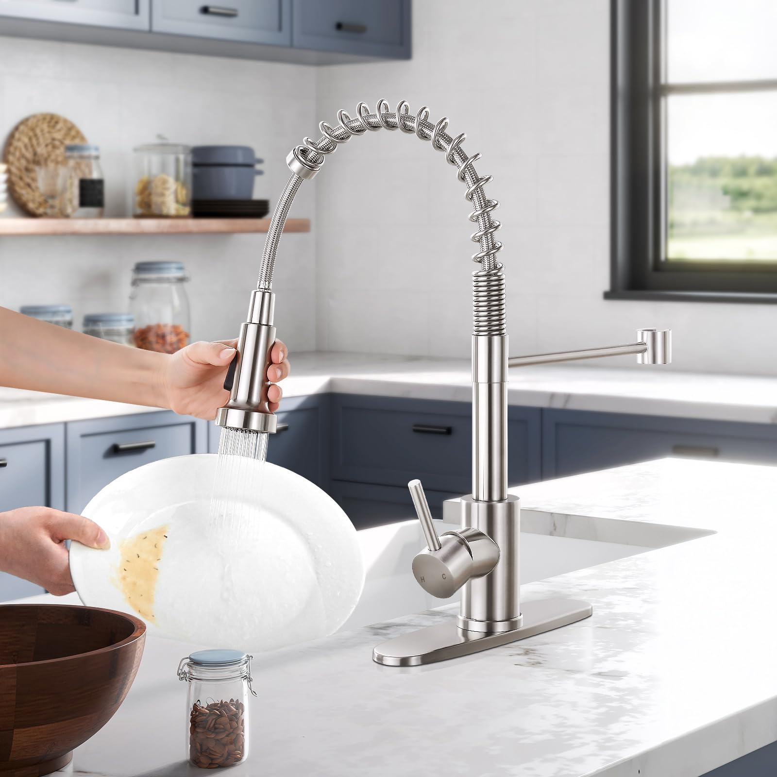 Commercial Single Handle Kitchen Faucet with Pull Down Sprayer - Brushed Nickel Finish for Farmhouse, RV, Camper, Laundry & Wet Bar Sinks - Durable & Stylish for Home, Restaurant & Outdoor Use