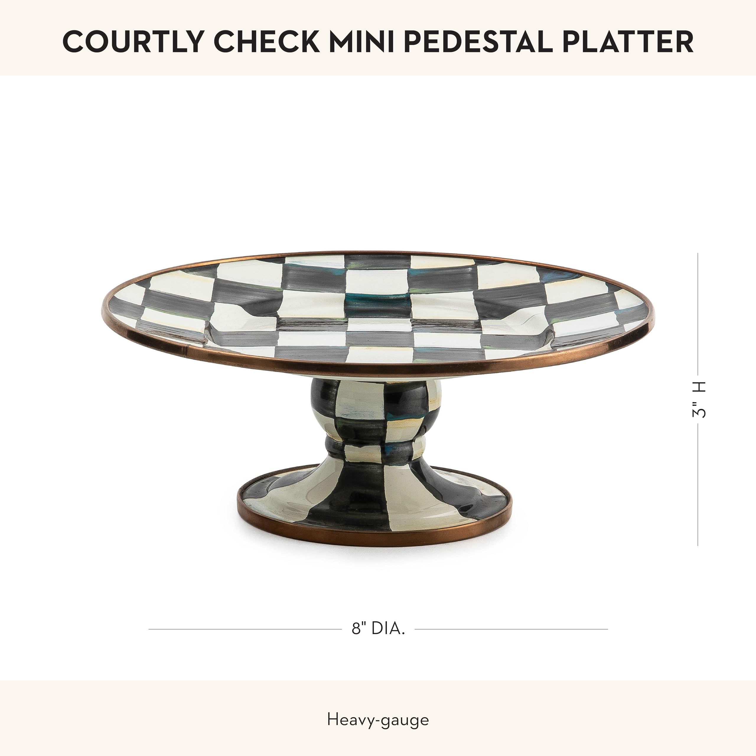 MACKENZIE-CHILDS Black and White Enamel Pedestal Platter - Round Cake Stand for Desserts, Mini Size, Elegant Courtly Check Pattern - Perfect for Tea Parties, Wedding Receptions & Home Decor