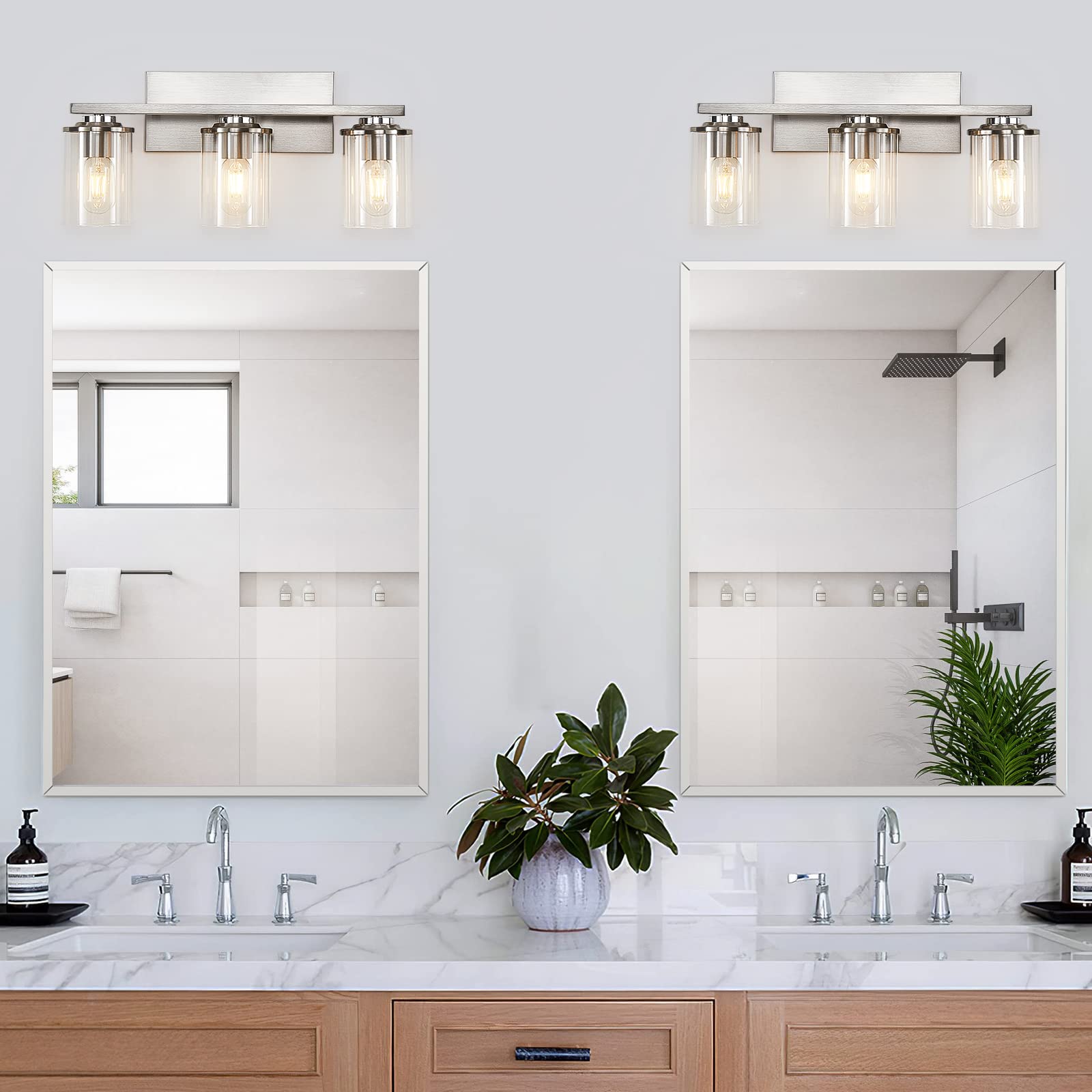 3-Light Brushed Nickel Bathroom Vanity Light Fixture with Clear Glass Shade & E26 Base - Modern Mirror Lighting for Bathroom, Powder Room & Dressing Area - Perfect for Makeup, Shaving & Home Decor