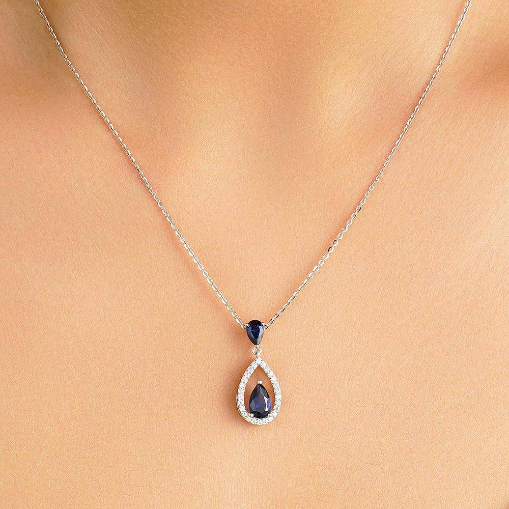 1.64 CT Natural Blue Sapphire & White Sapphire Drop Pendant Necklace - Elegant Dangling Jewelry for Weddings, Anniversaries & Special Occasions