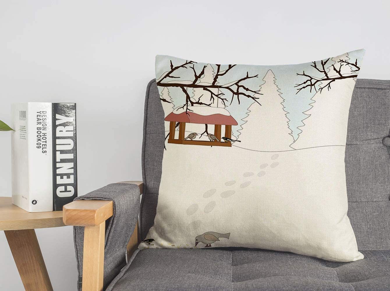 Winter Tree Bird Throw Pillow Cover - 16x16 Inch Linen Decorative Cushion Cover for Couch, Sofa & Bed - Holiday Wildlife Feeder Design - Perfect for Christmas Decor, Living Room & Seasonal Home Styling