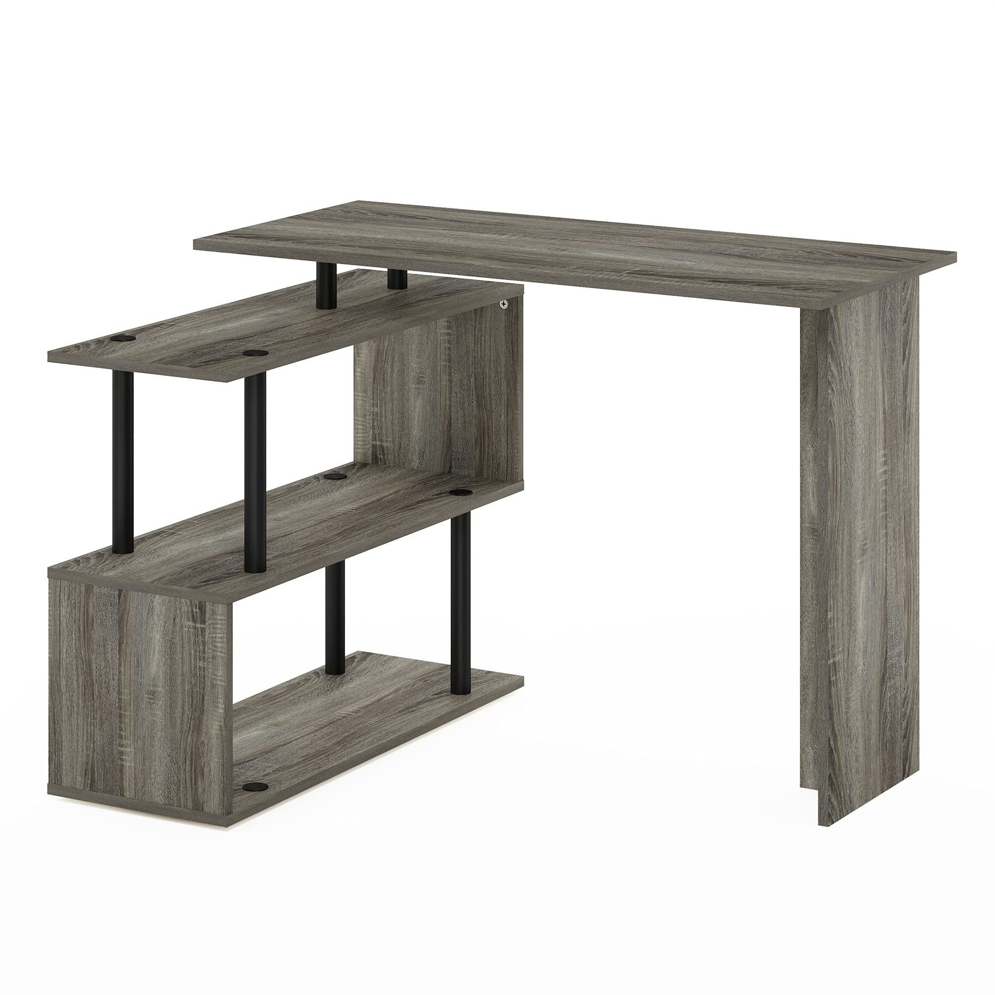 Furinno Moore L-Shape Computer Desk with 3-Tier Shelves - French Oak Finish - Home Office Desk for Small Spaces, Gaming & Study Workstation - Compact Corner Desk for PC, Laptop & Printer