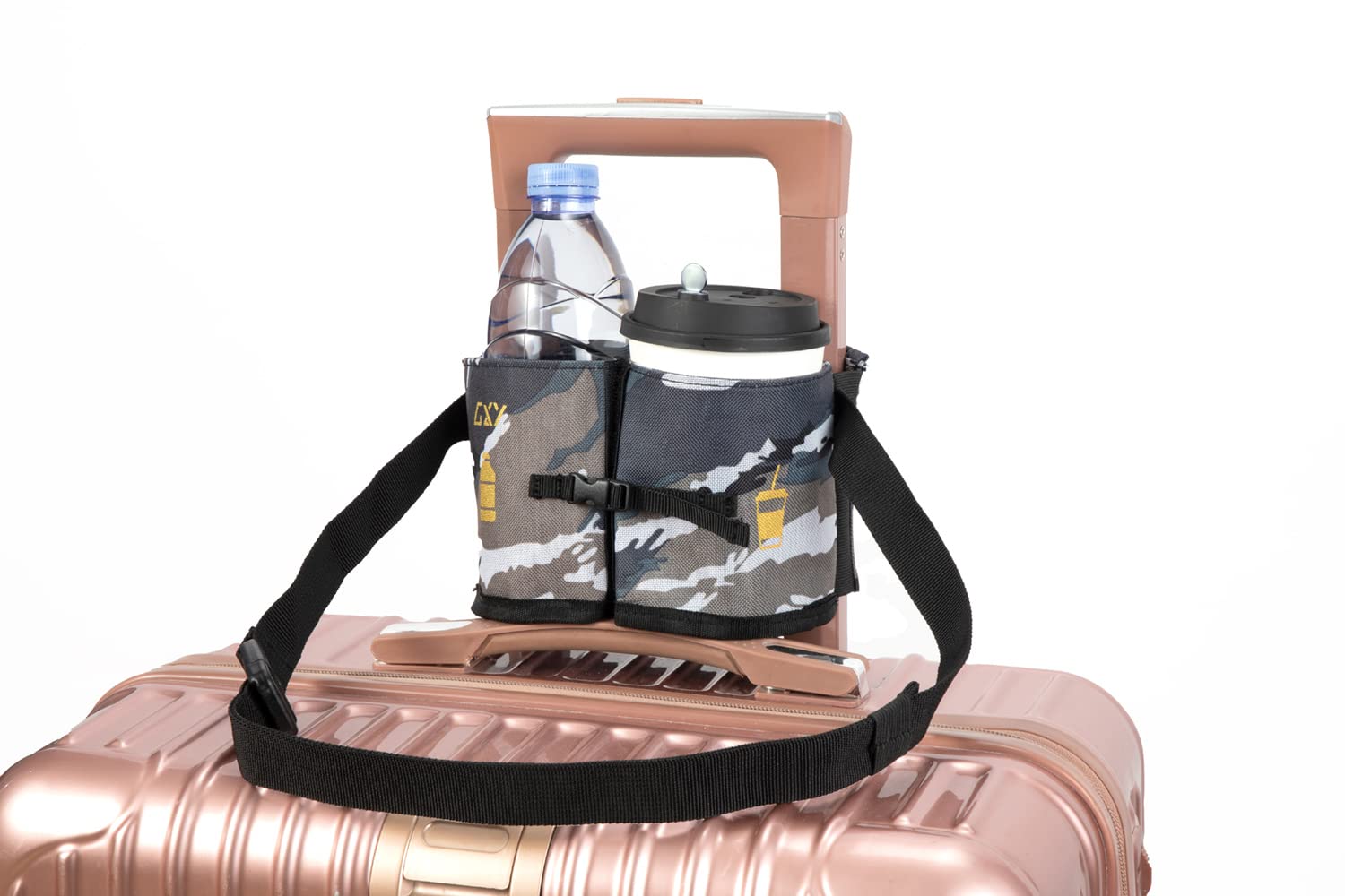 Universal Travel Cup Holder - 2 Coffee Mug Caddy for Luggage & Backpack Handles | Hands-Free Drink Carrier for Airports, Commuting & Outdoor Adventures