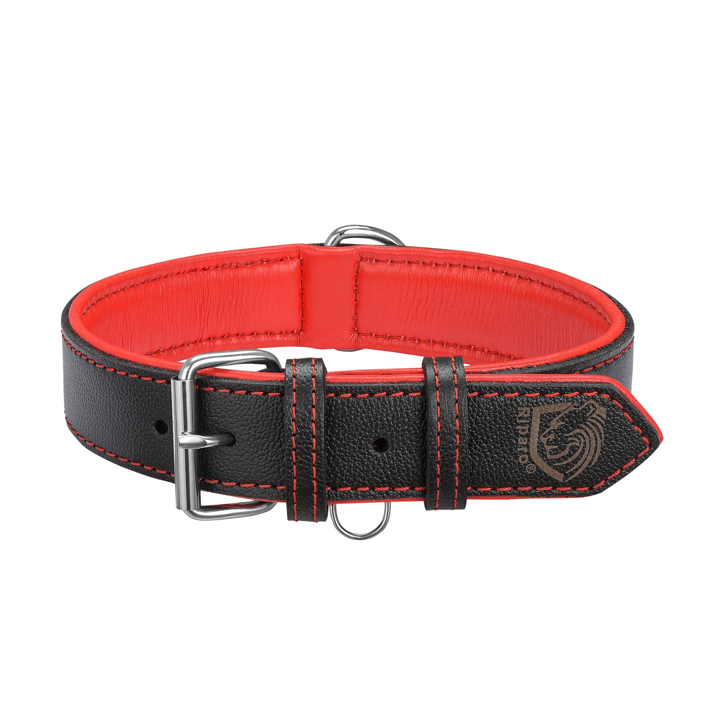 Premium Riparo Leather Dog Collar - Heavy Duty Padded Large Dog Collar with Metal Tag Holder (Black/Red Stitching) for Big Dogs - Perfect for Training, Walking & Outdoor Adventures