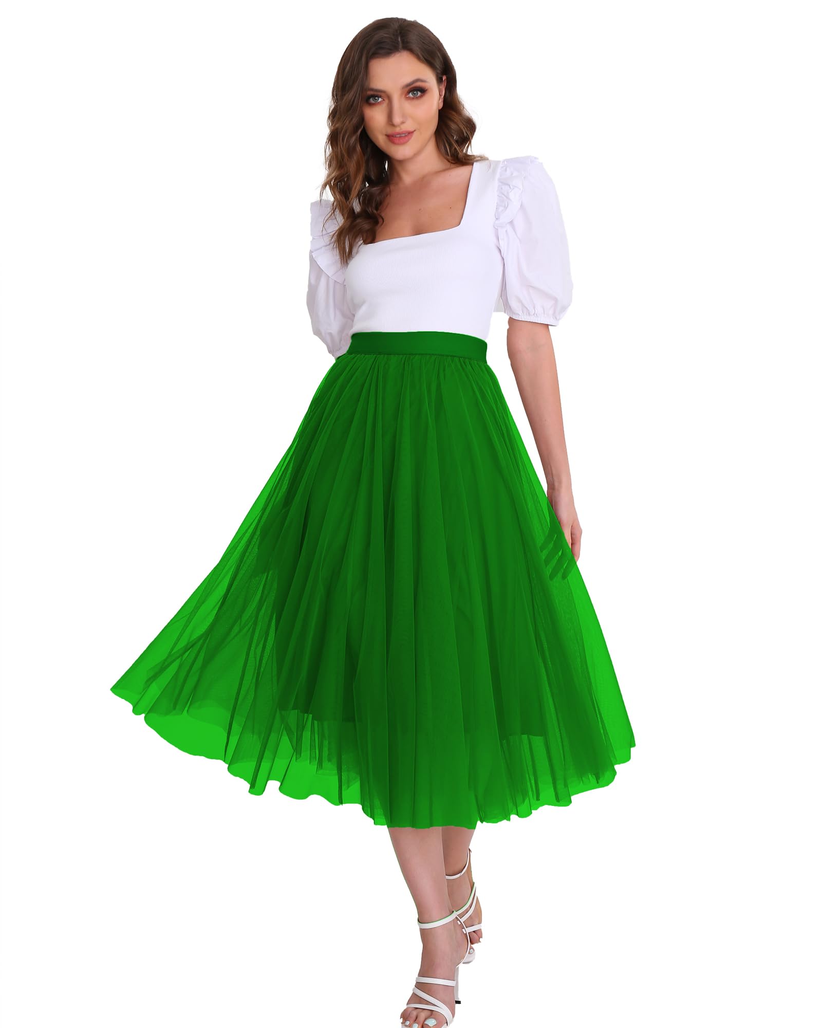 Women's Tulle Skirt Midi Length High Waist Elastic Pleated A-Line Mesh Party Skirt - Elegant Flowy Tutu Skirt for Weddings, Dances & Special Occasions