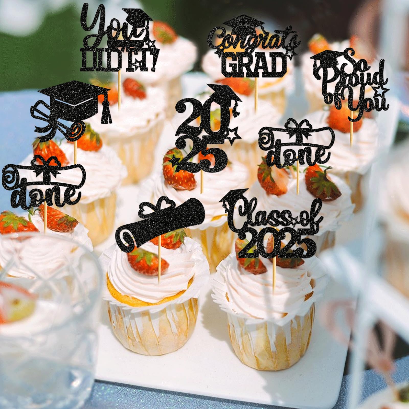 2025 Graduation Cupcake Toppers - 40Pcs Black Glitter Class of 2025 Cupcake Picks - Perfect for Graduation Party Decorations, School Celebrations & Dessert Table Displays