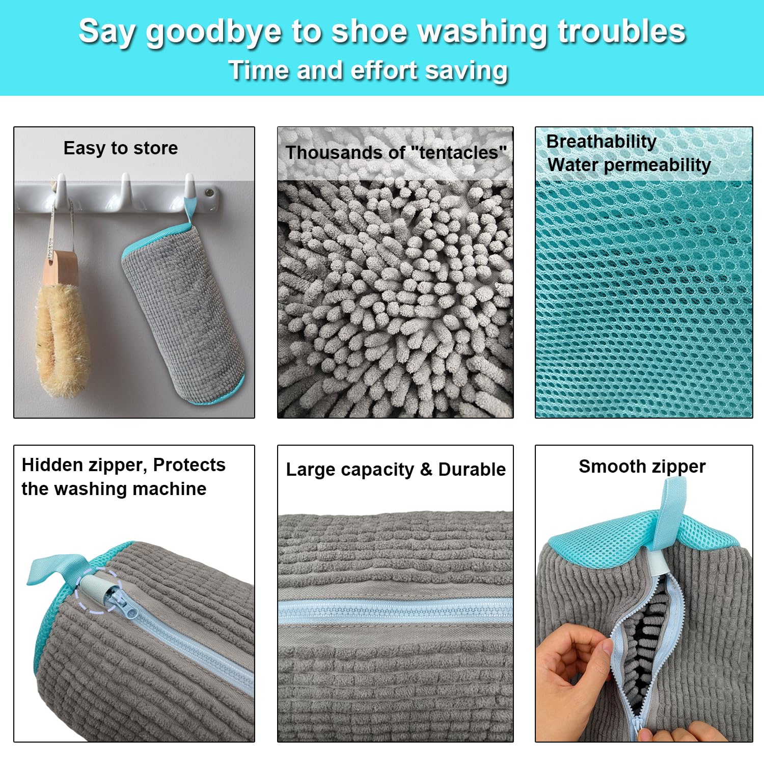 Reusable Shoe Washing Machine Bag for Sneakers & Tennis Shoes - 360° Deep Cleaning Laundry Bag with Durable Zipper, Large Capacity (Grey, 2PCS) - Perfect for Washing & Drying Shoes in Washer & Dryer, Protects Footwear During Laundry