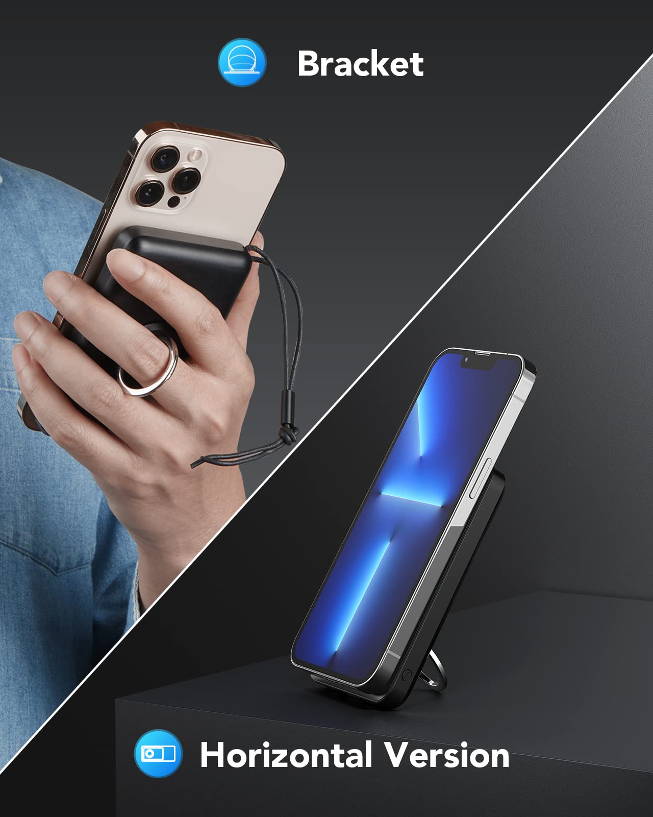 VRURC 10000mAh Magnetic Wireless Portable Charger - PD 20W Fast Charging Power Bank with USB-C & Finger Holder for iPhone 15/14/13/12 Pro/Pro Max/Plus/Mini - Perfect for Travel, Work & Outdoor Activities (Black)
