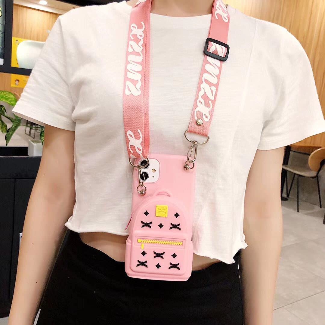 Cute Cartoon iPhone 8 Plus/7 Plus Backpack Design Case - Soft Silicone Shockproof Cover with Card Holder & Kickstand for Women & Teens (Pink) | Perfect for School, Travel & Everyday Use