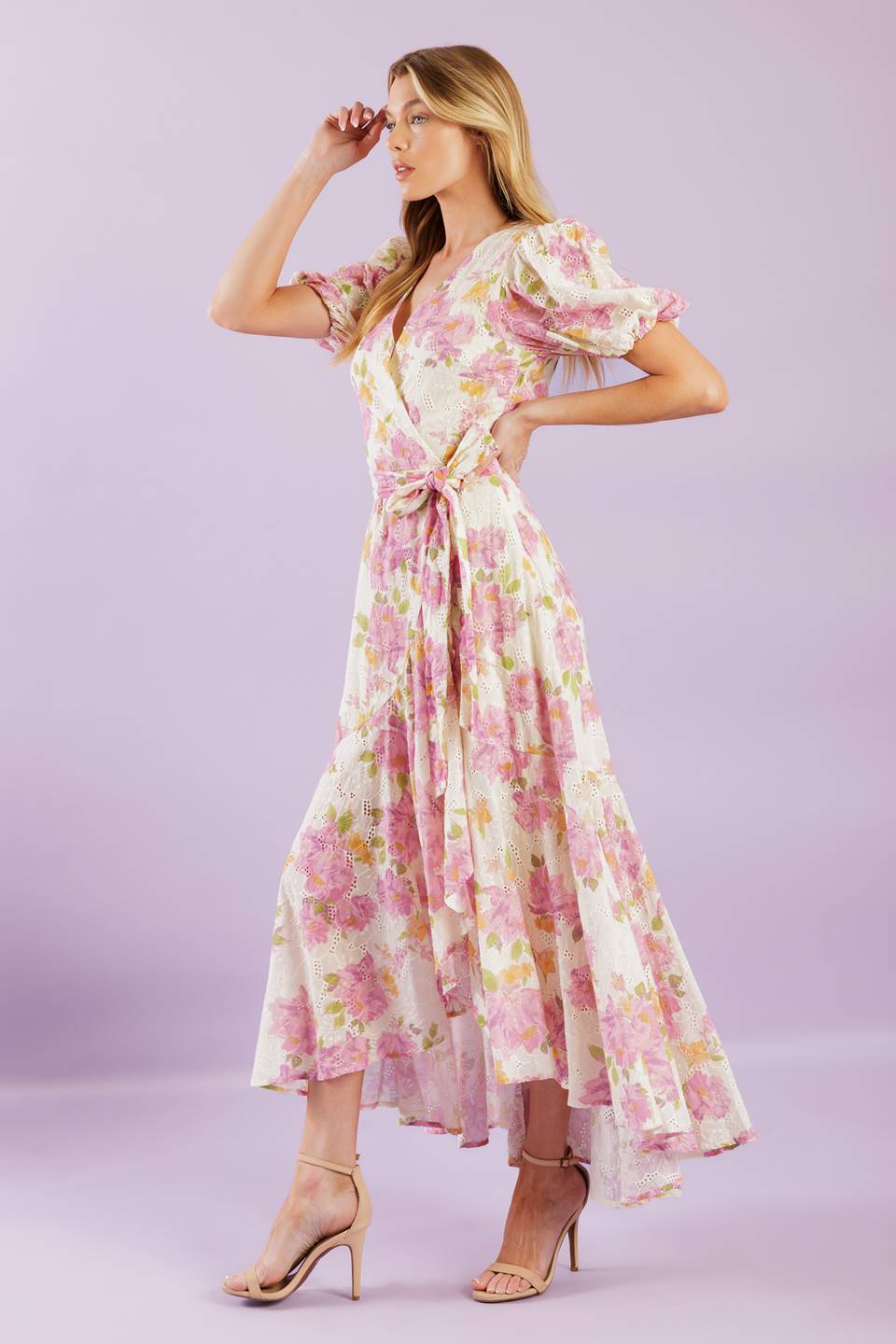 Pink Floral High Low Lace Wrap Midi Dress for Women - Elegant Coffee Run Outfit for Brunch, Date Night & Summer Parties