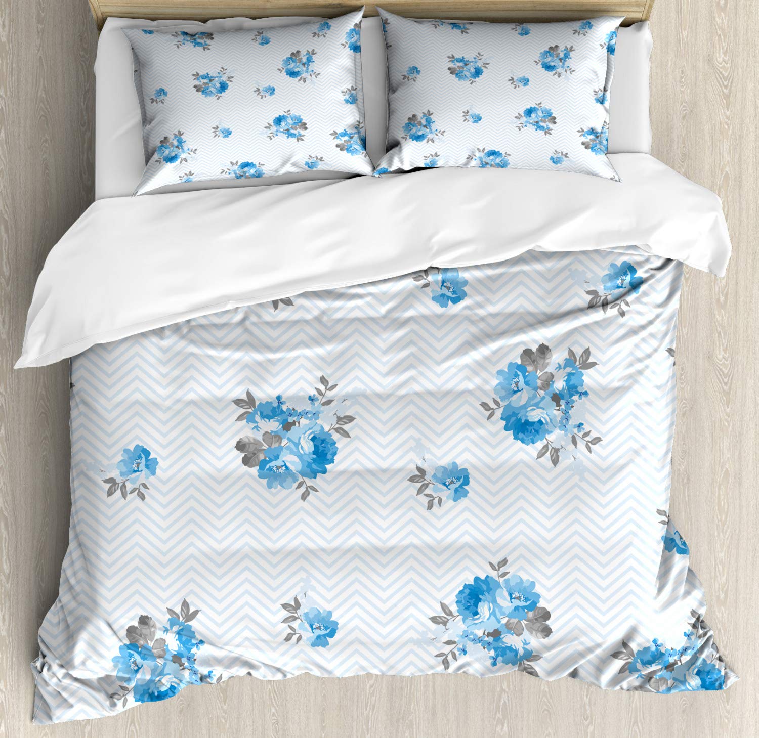 Ambesonne Blue Rose Duvet Cover Set - King Size 3-Piece Floral Bedding with 2 Pillow Shams, Romantic Blue and Grey Spring Design for Master Bedroom Decor | Perfect for Guest Rooms, Spring Refresh & Romantic Home Styling