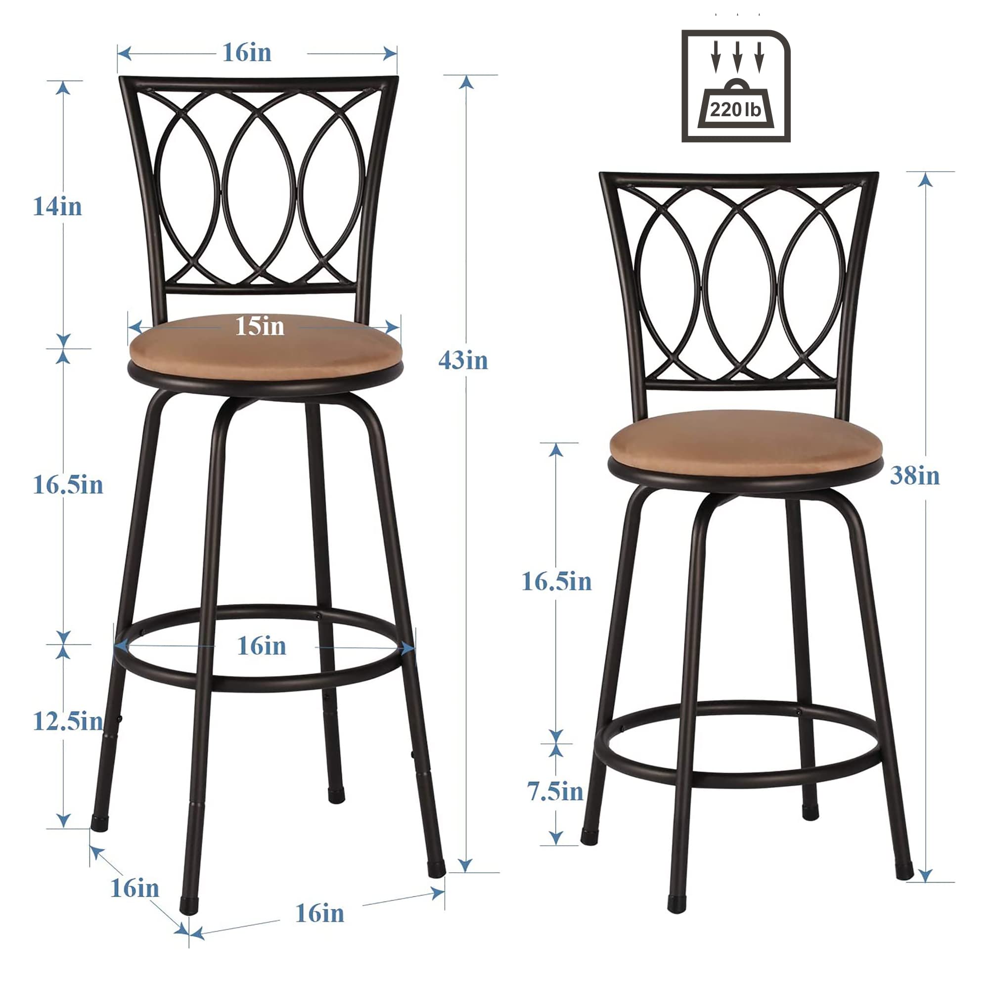 VECELO Adjustable Bar Stools with 360° Swivel Seat & Comfortable Round Cushions - Steel Bistro Pub Chairs for Kitchen Island, Breakfast Nook & Home Bar