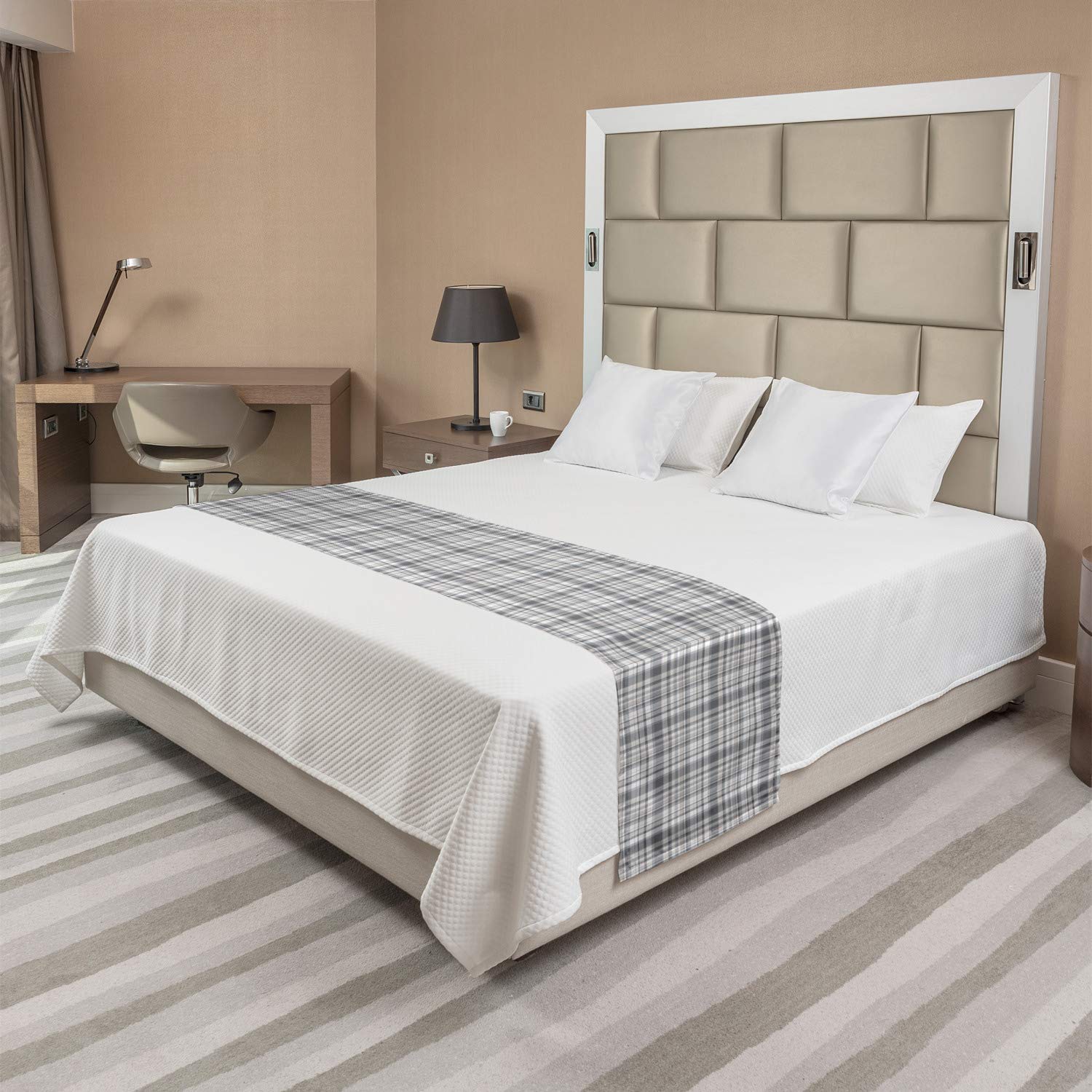 Ambesonne Grey and White Bed Runner - Modern Striped Square Pattern Decorative Bed Scarf for Hotels, Homes & Guest Rooms | Perfect for Master Bedrooms, Airbnb Decor & Luxury Bedding Accents