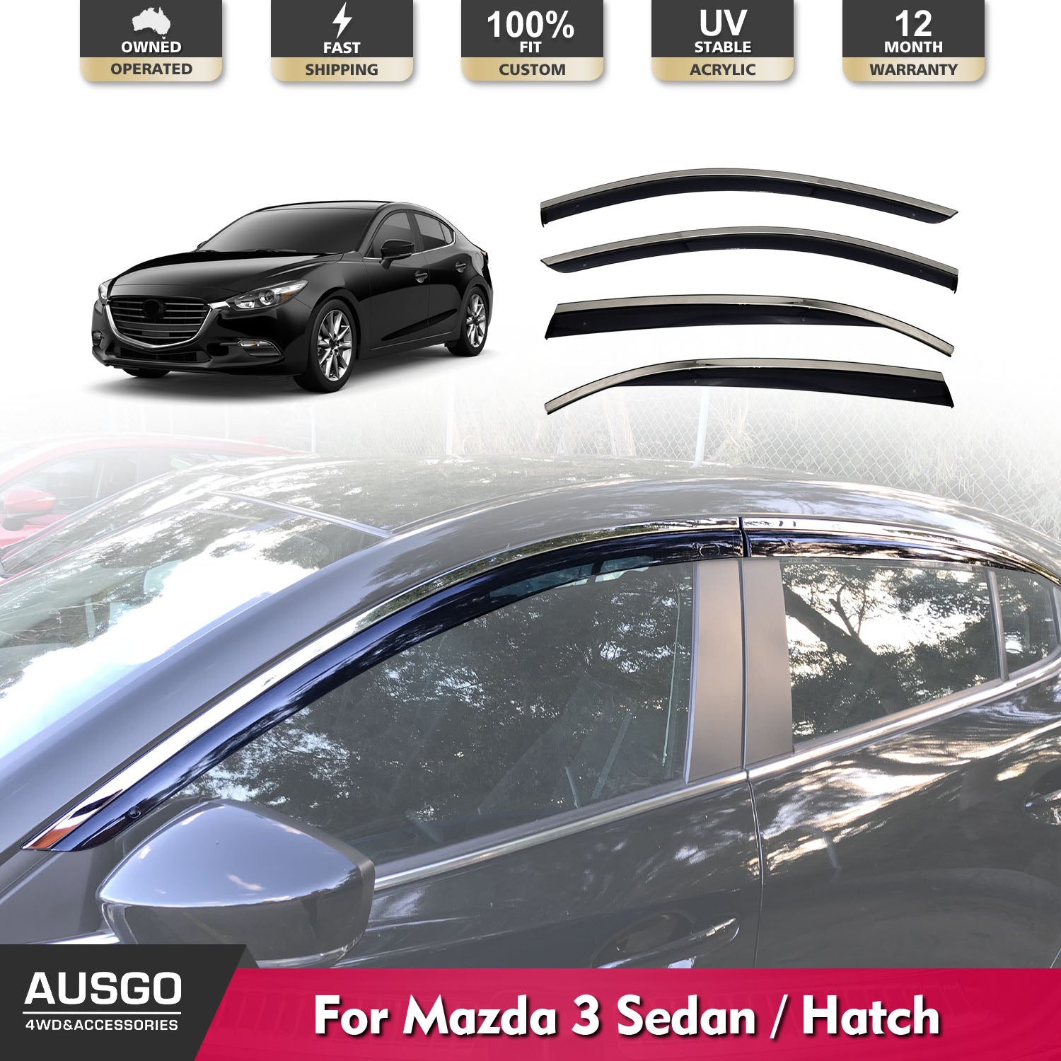 Premium Stainless Steel Window Deflectors for Mazda 3 BM BN Series (2013-2019) - Sedan & Hatchback - Rain Guards & Wind Noise Reduction - Perfect for All-Weather Protection & Highway Driving