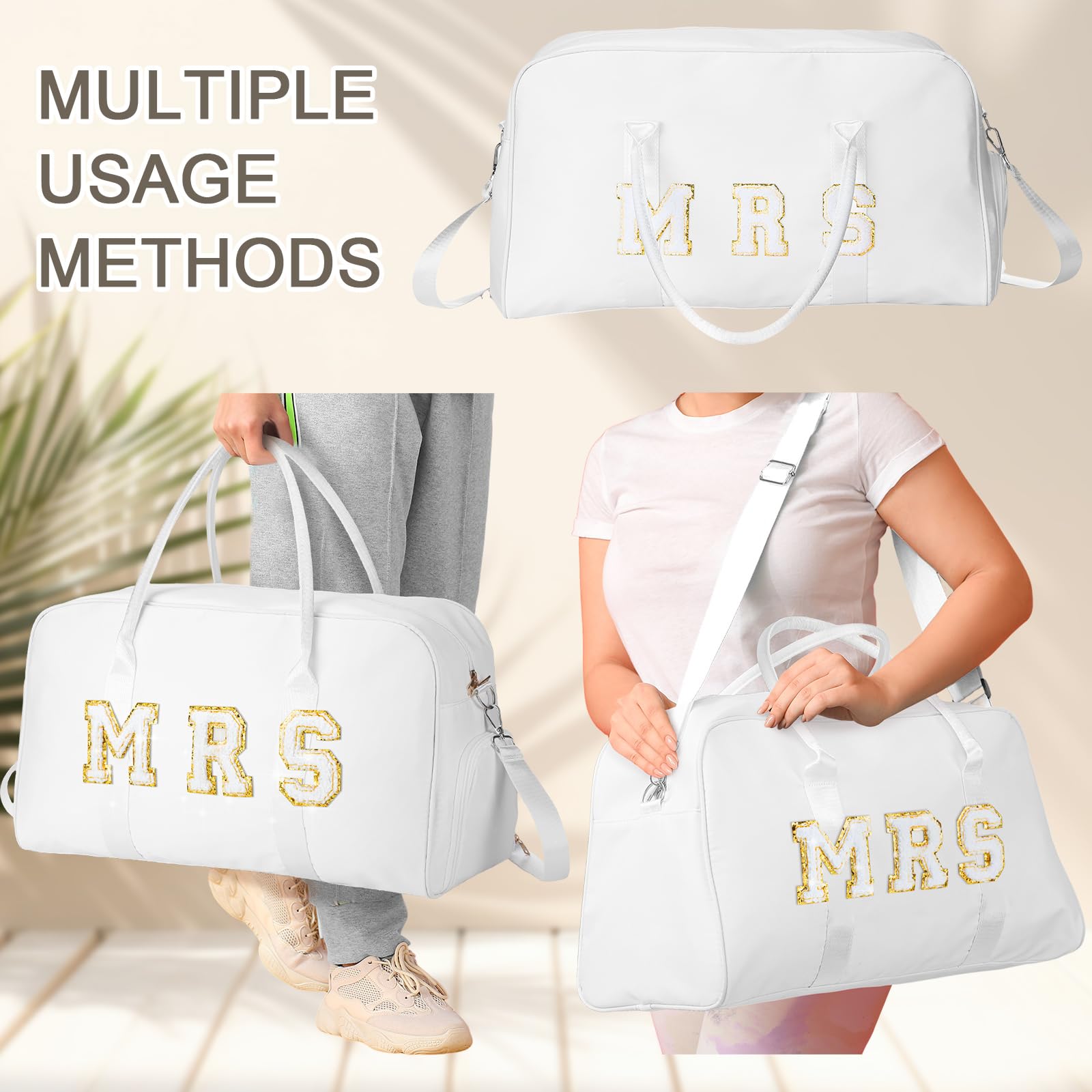 2 Pcs Wedding Weekender Bag for Bride & Groom - Personalized Chenille Letter Patch Duffle Travel Bag - Perfect for Bridal Shower, Honeymoon, Bachelorette Party & Romantic Getaways (MRS)