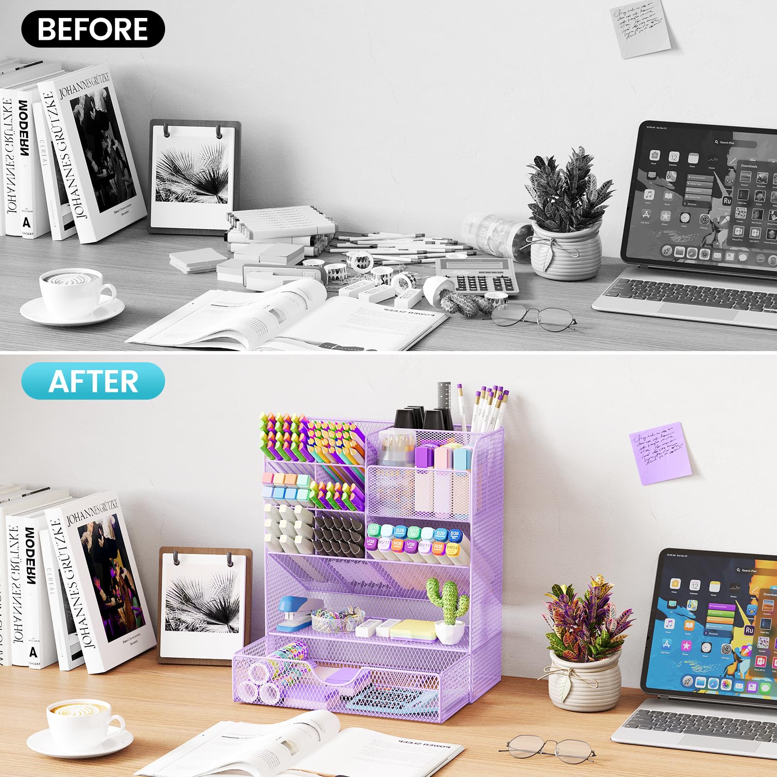 Purple Desk Organizer with Drawer - Pencil & Pen Holder for Office, School & Home | Workspace Desktop Organizer for Art Supplies & Stationery | Perfect for Study, Work & Crafting