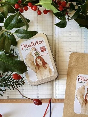 Cafe Analog X Windry R Mistletoe Girls Stickers in Tin - Vintage Holiday Decals for Scrapbooking, Laptops & Gift Wrapping