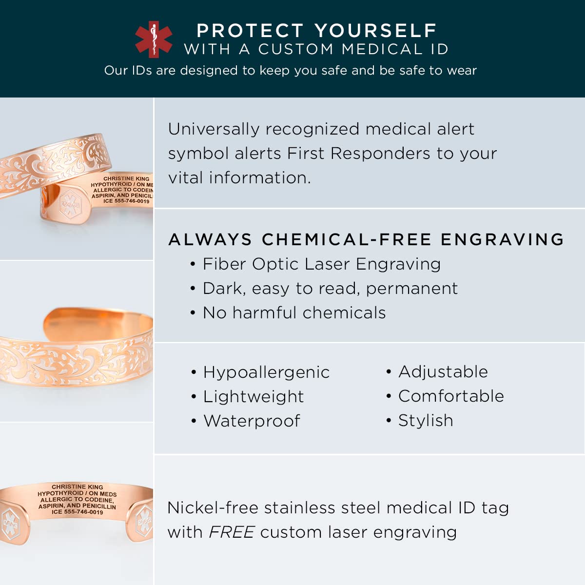 Custom Engraved Medical ID Cuff Bracelets for Women - Rose Gold, Silver & Gold Tone Stainless Steel | Personalized Medical Alert Jewelry for Diabetes, Allergies & Emergency Info | Perfect for Nurses, Doctors & Healthcare Workers